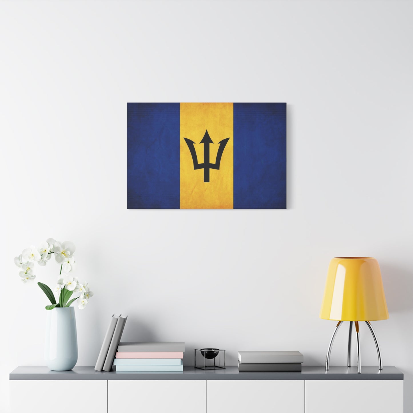 Barbados Flag Canvas Wall Art - Blue Gold Trident National Print, Caribbean Island Decor - Matte Cotton Artwork - Living Room Wall Decor, Office Accent - Bedroom Home Decoration - Ready to Hang