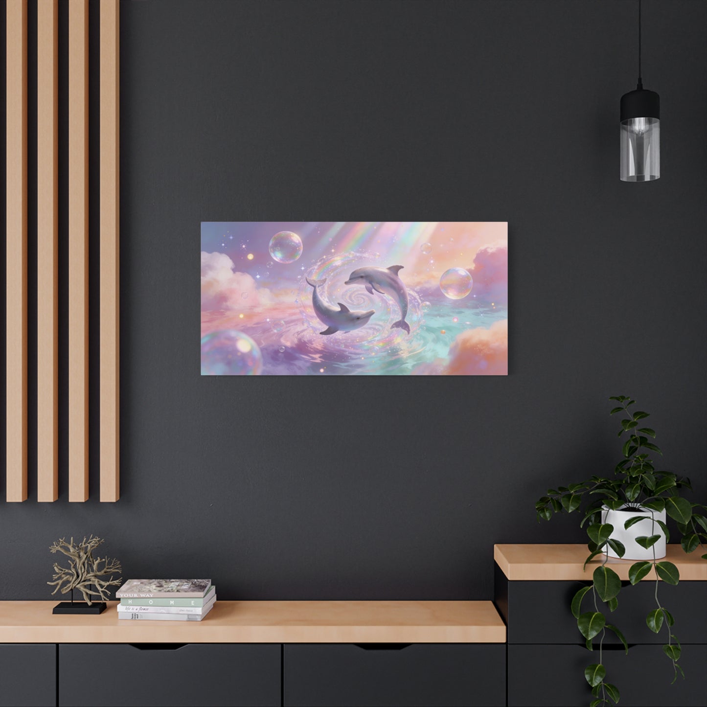 Dolphin Canvas Wall Art - Dreamy Ocean Swirl, Pastel Sky And Rainbow Light - Cotton Canvas Print - Whimsical Contemporary Style - Living Room Wall Decor, Bedroom Home Accent - Bedroom Home Decoration