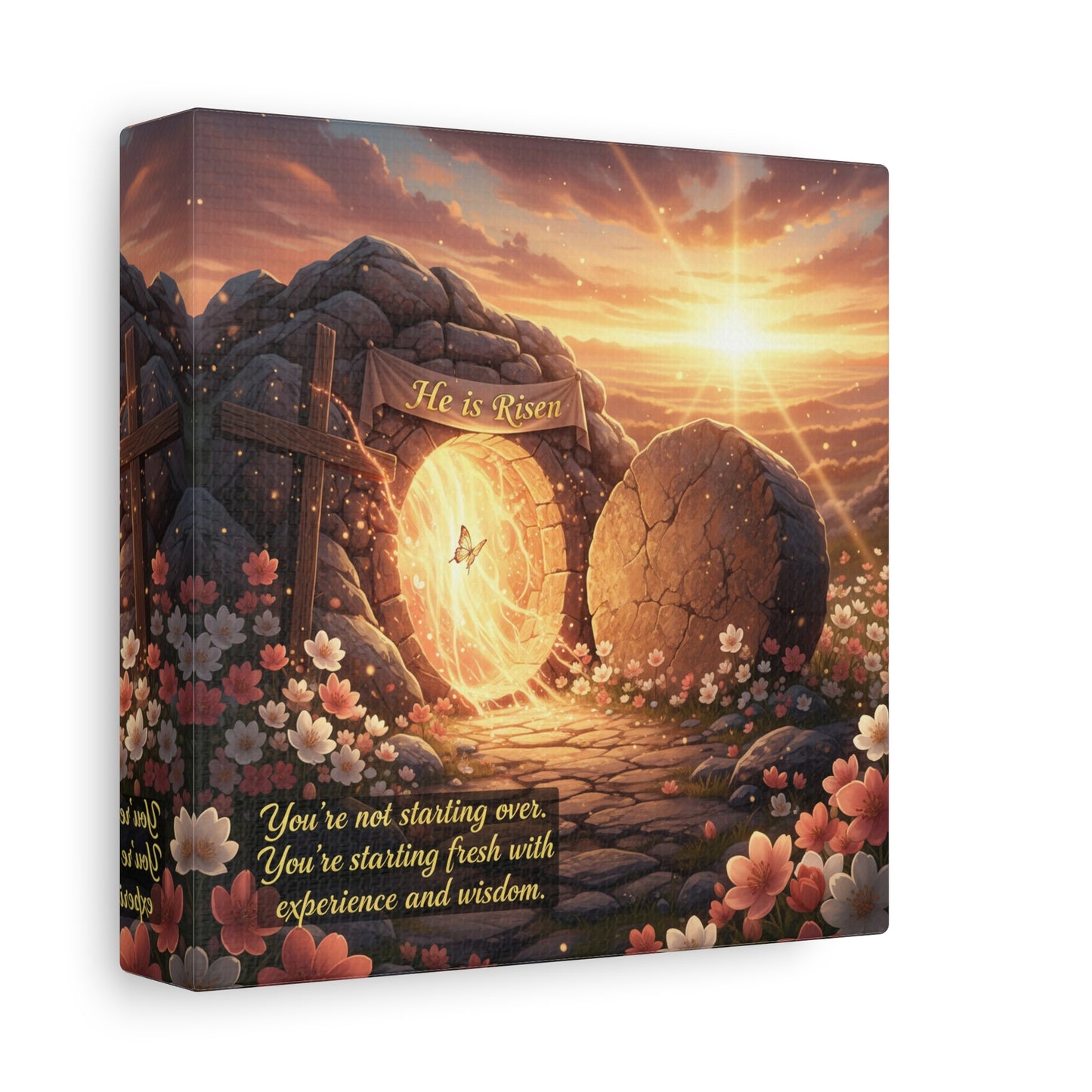 "He Is Risen" Christian Canvas Wall Art - Empty Tomb Cross Sunrise Scripture Print - Floral Faith Home Decoration - Modern Farmhouse Style