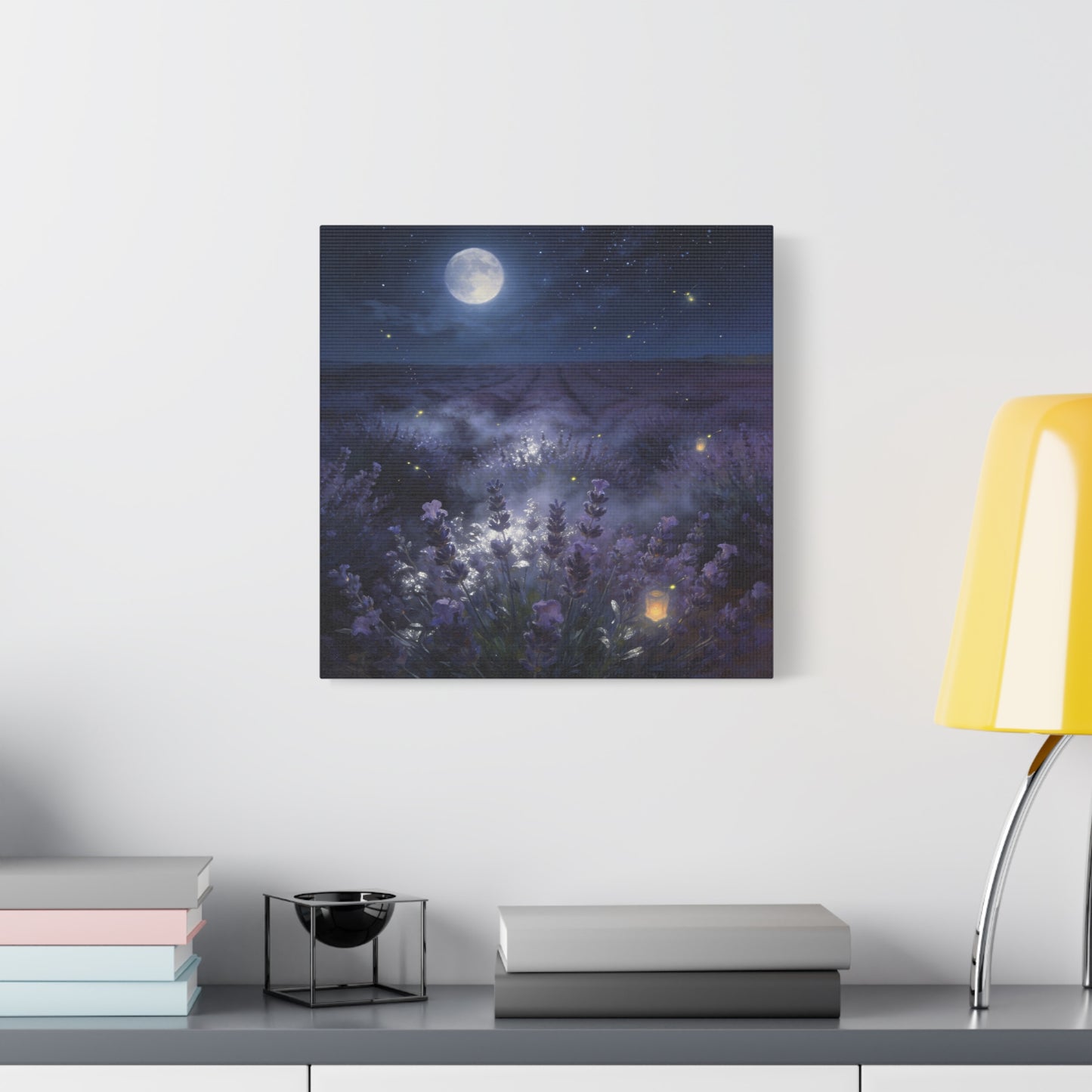 Moonlit Lavender Field Canvas Wall Art - Firefly Night Landscape, capiz shells wall decor - Matte Cotton Art Print, Calming Traditional Style - Bedroom Home Decoration, Office Wall Art - Ready to Hang