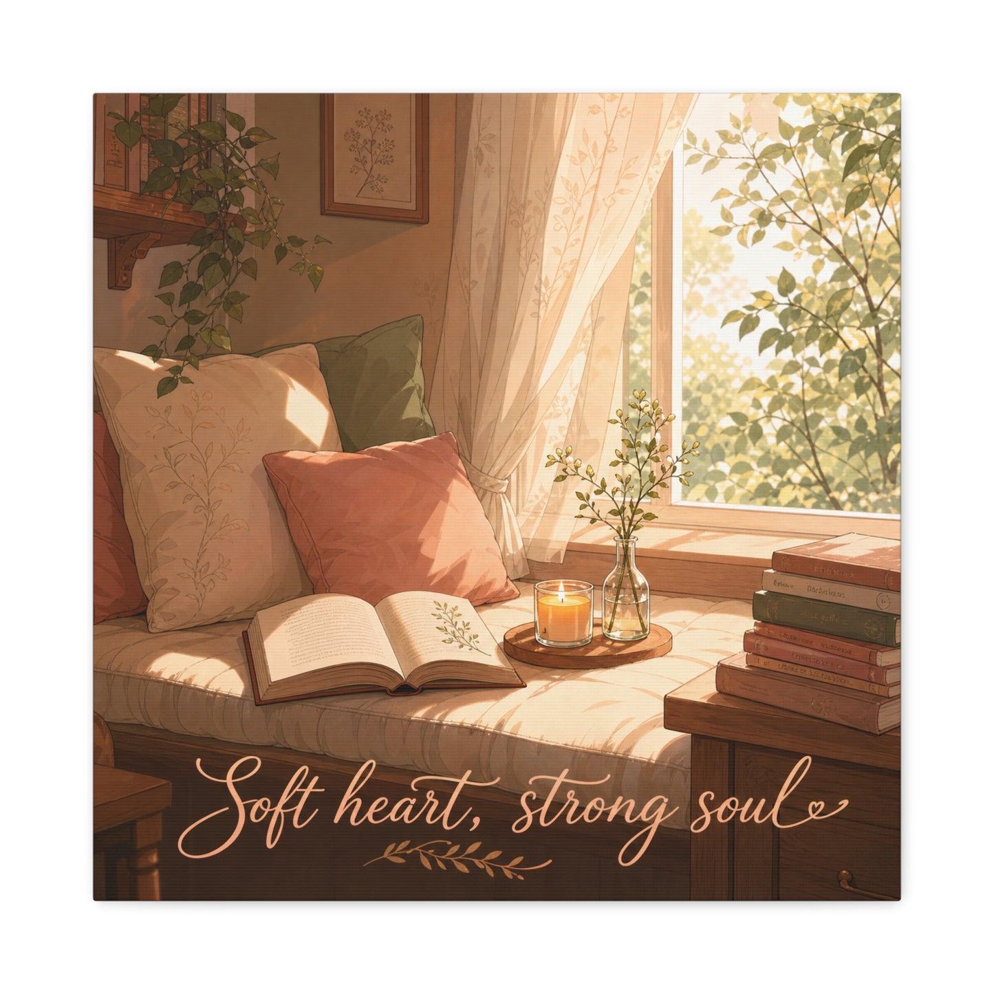 "Soft Heart, Strong Soul" Reading Nook Canvas Wall Art - Sunlit Window Seat, Books, Candle, Botanical Bedroom Decor - Cozy Cottagecore Style - Living Room Wall Decor - Bedroom Home Decoration