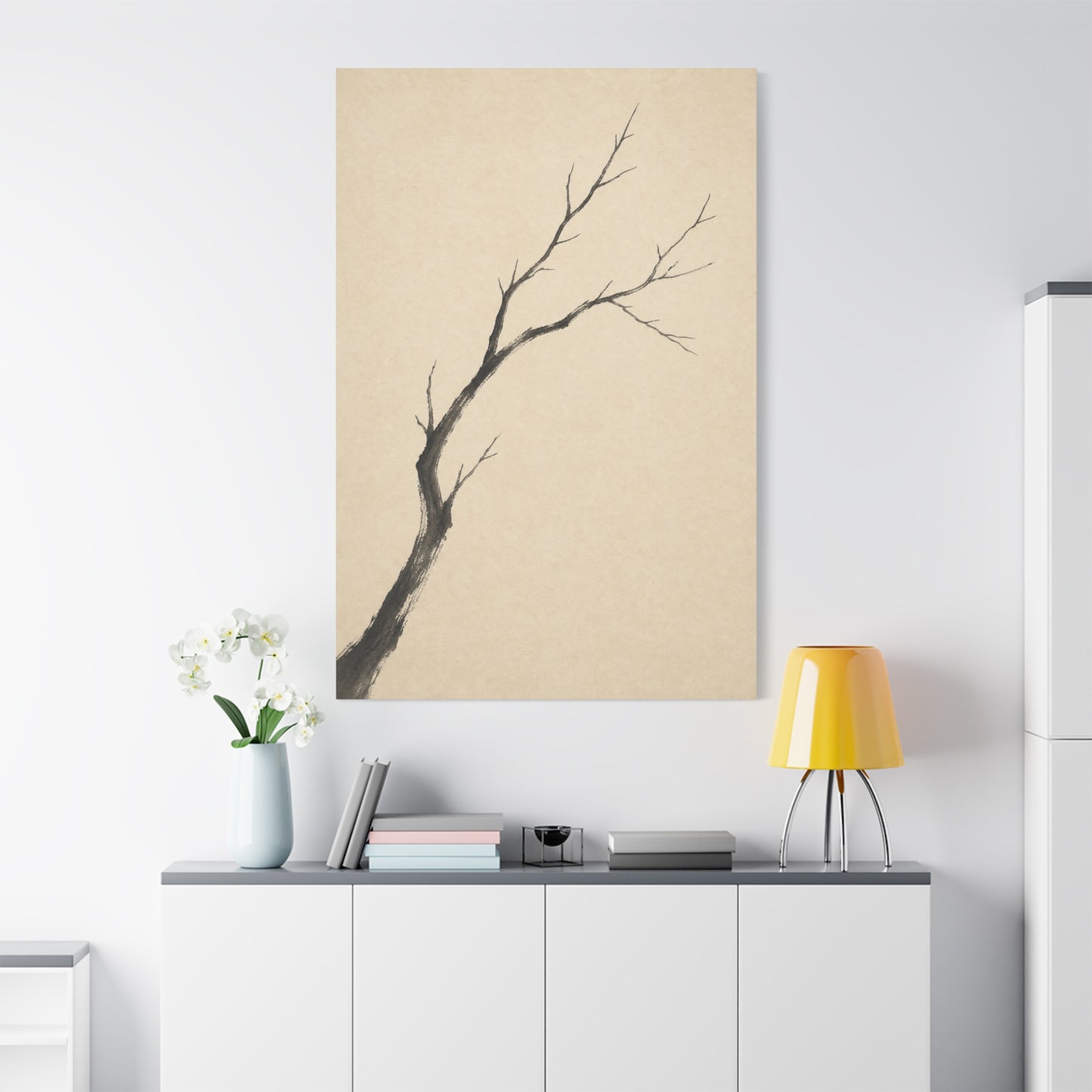 Minimalist Bare Tree Branch Canvas Wall Art - Neutral Ink Wash Botanical Print - Japanese Zen Style - Beige Black Contemporary Wall Decor For Bedroom Living Room Office Entryway - Ready to Hang