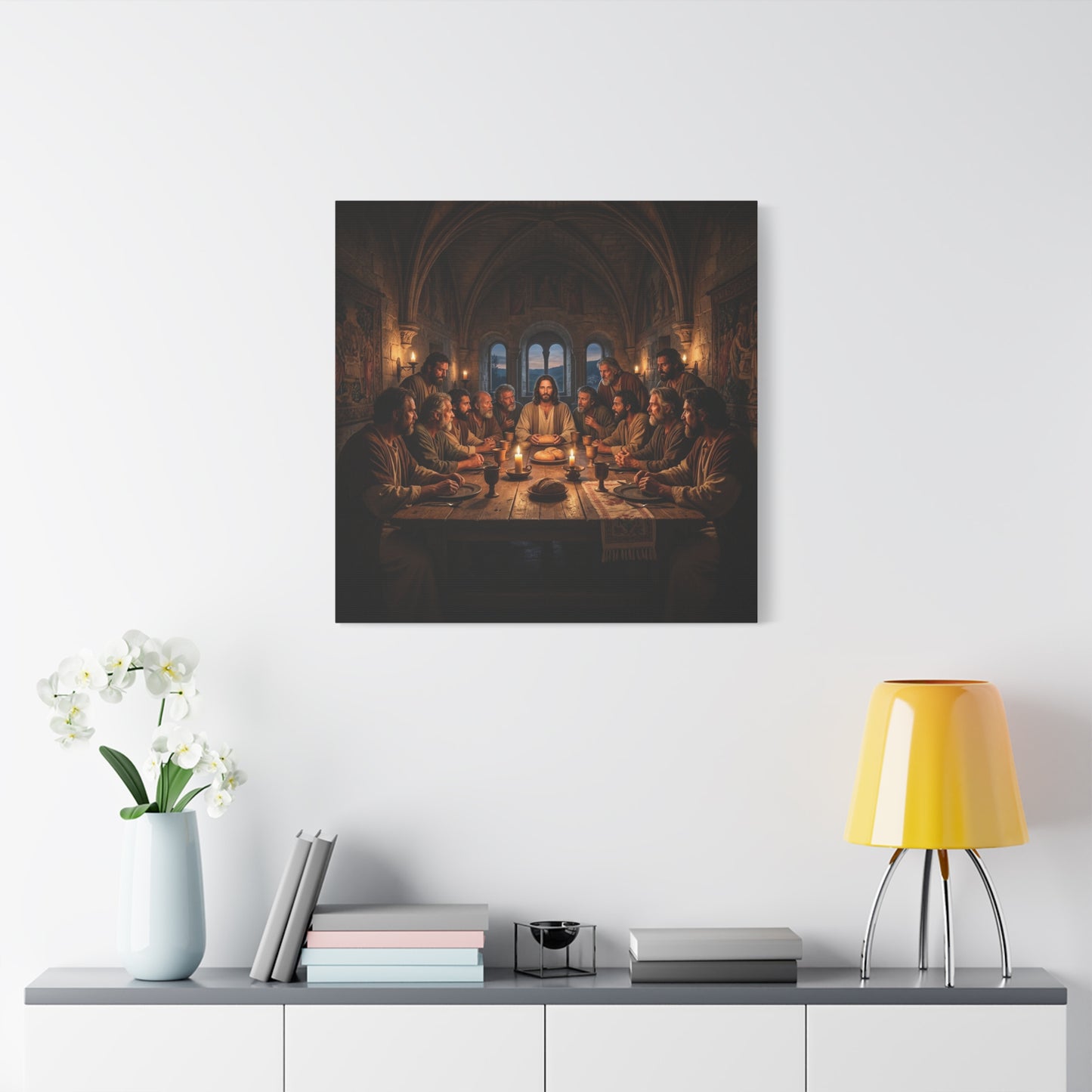 Jesus Christ Last Supper Canvas Wall Art - Apostles At Candlelit Table, Christian Wall Decor - Matte Cotton Print Religious Home Decoration - Traditional Living Room Office - Bedroom Home Decoration