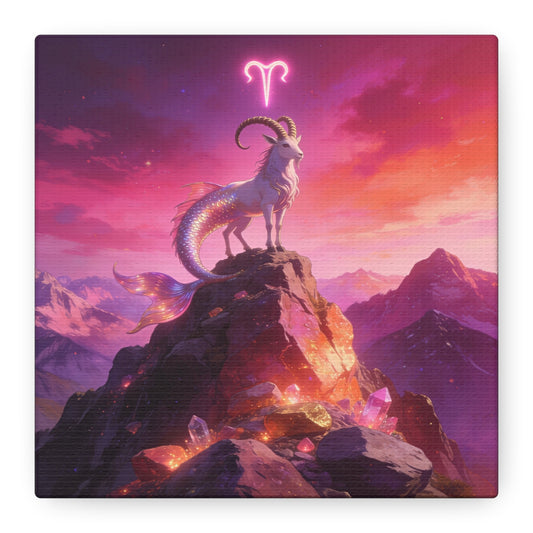 Aries Zodiac Mermaid Goat Canvas Wall Art - Fantasy Mountain Crystal Scene - Pink Purple Celestial Illustration - Modern Mystical Decor, Bedroom Home Decoration, Office Wall Art - Ready to Hang