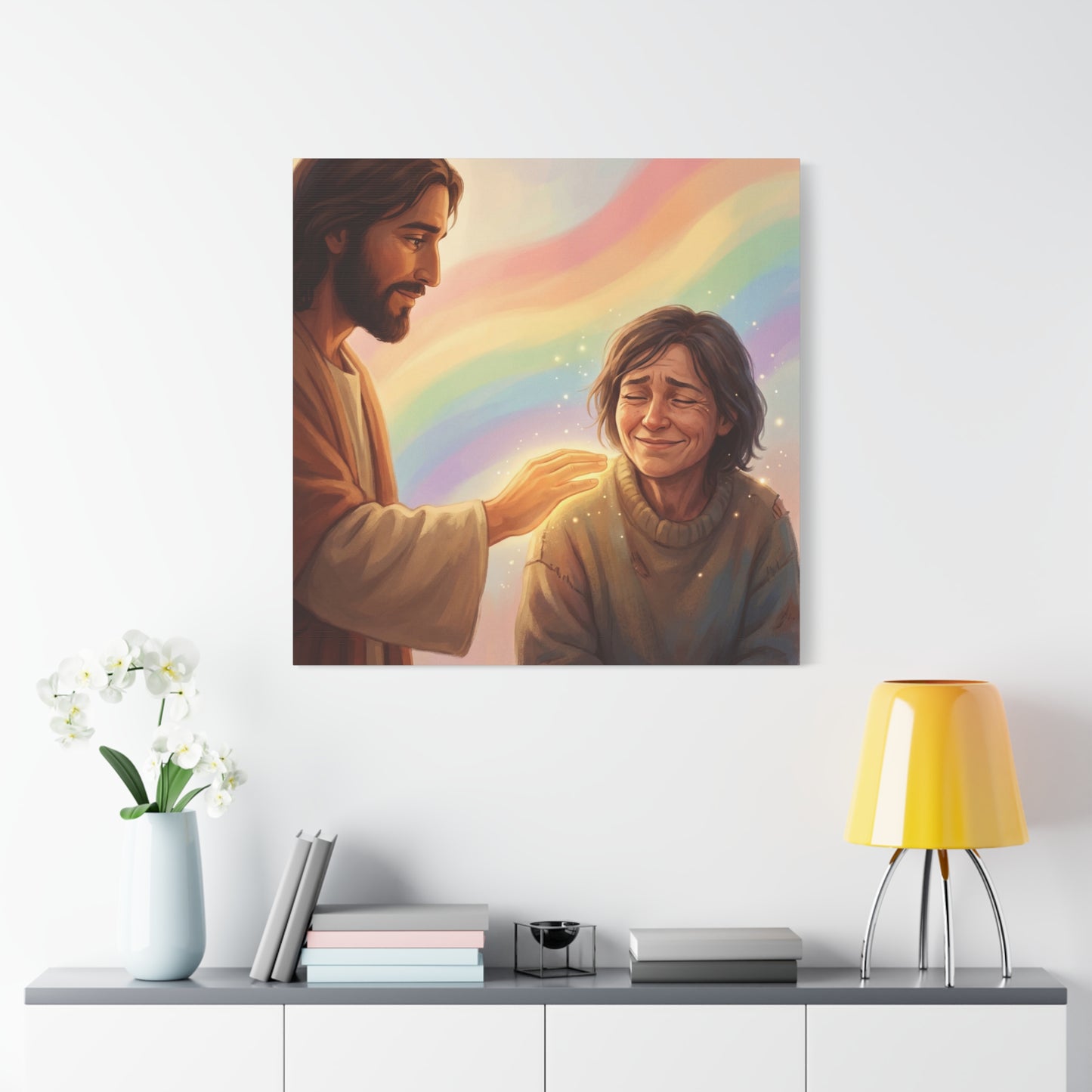 Jesus Christ Comforting Woman Canvas Wall Art - Rainbow Christian Wall Decor, Faith Home Decoration - Matte Canvas Print, Inspirational Religious Artwork - Living Room Bedroom Office - Ready to Hang