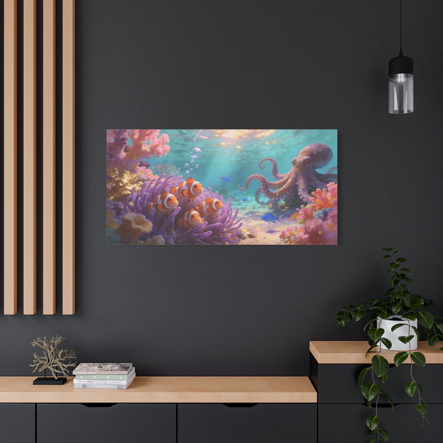 Clownfish And Octopus Canvas Wall Art - Whimsical Underwater Coral Reef Scene, Ocean Nursery Decor, Coastal Style, Matte Canvas Print, Bedroom Decoration, Playroom Accent, Office Art - Ready to Hang