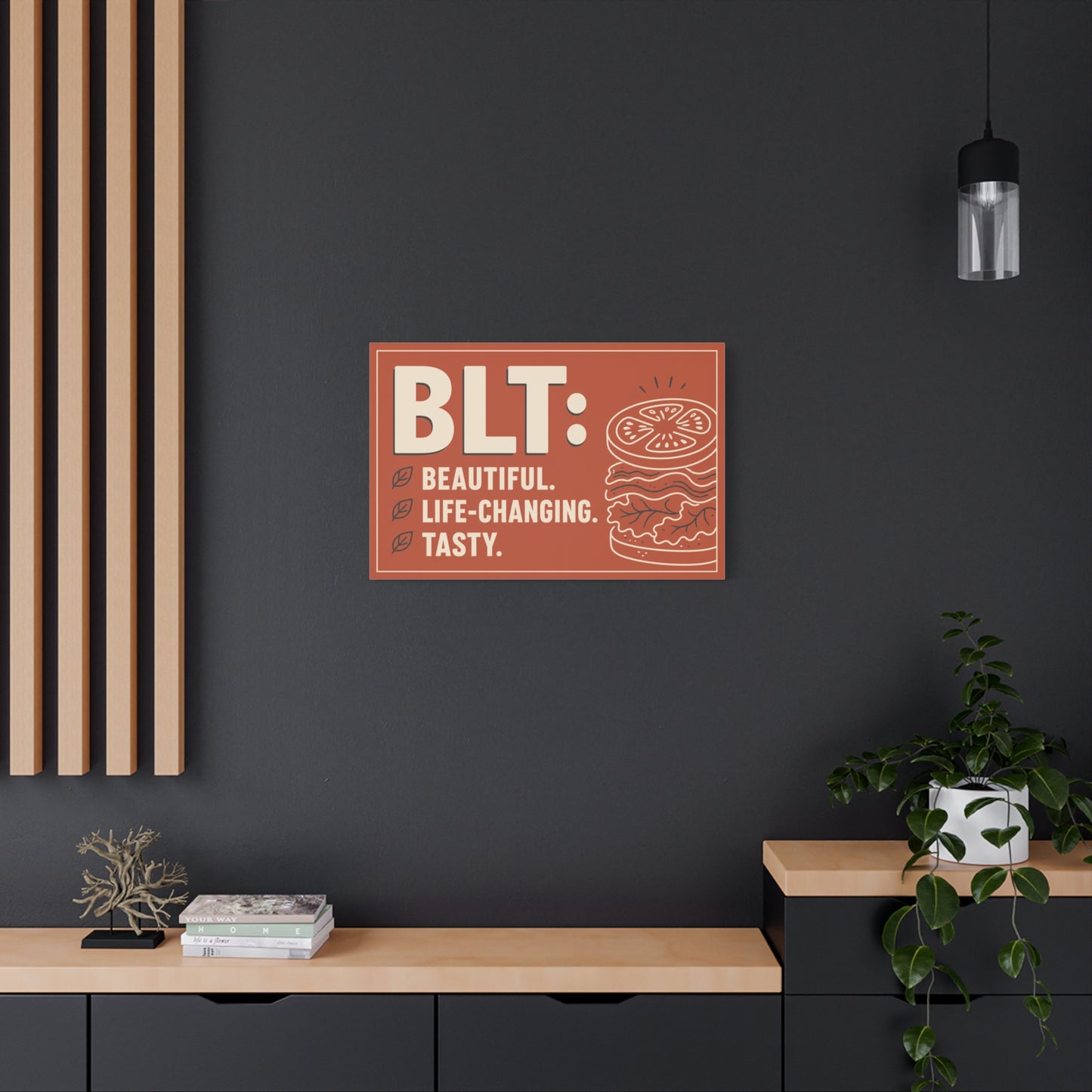 "BLT: Beautiful. Life-Changing. Tasty." Canvas Wall Art - Retro Sandwich Decor - Typography Food Illustration - Modern Farmhouse Style - Deli Wall Decor - Sandwich Shop Sign - Gallery Wrapped Canvas
