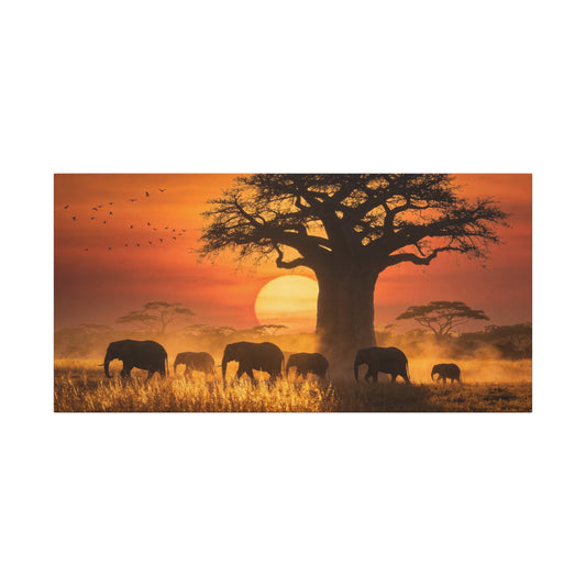 African Elephant Sunset Canvas Wall Art - Baobab Tree Safari Scene, Golden Savanna Wildlife Print - Matte Cotton Canvas, Rustic Contemporary Style - Living Room Wall Decor - Bedroom Home Decoration