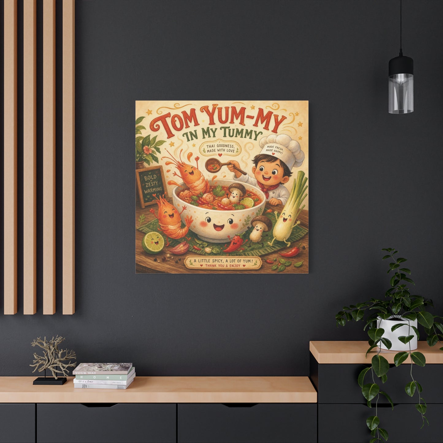 "Tom Yum-My In My Tummy" Canvas Wall Art - Cute Thai Soup Chef Illustration, Whimsical Kitchen Decor - Matte Cotton Canvas Print - Vintage Style Dining Room Wall Decor - Bedroom Home Decoration