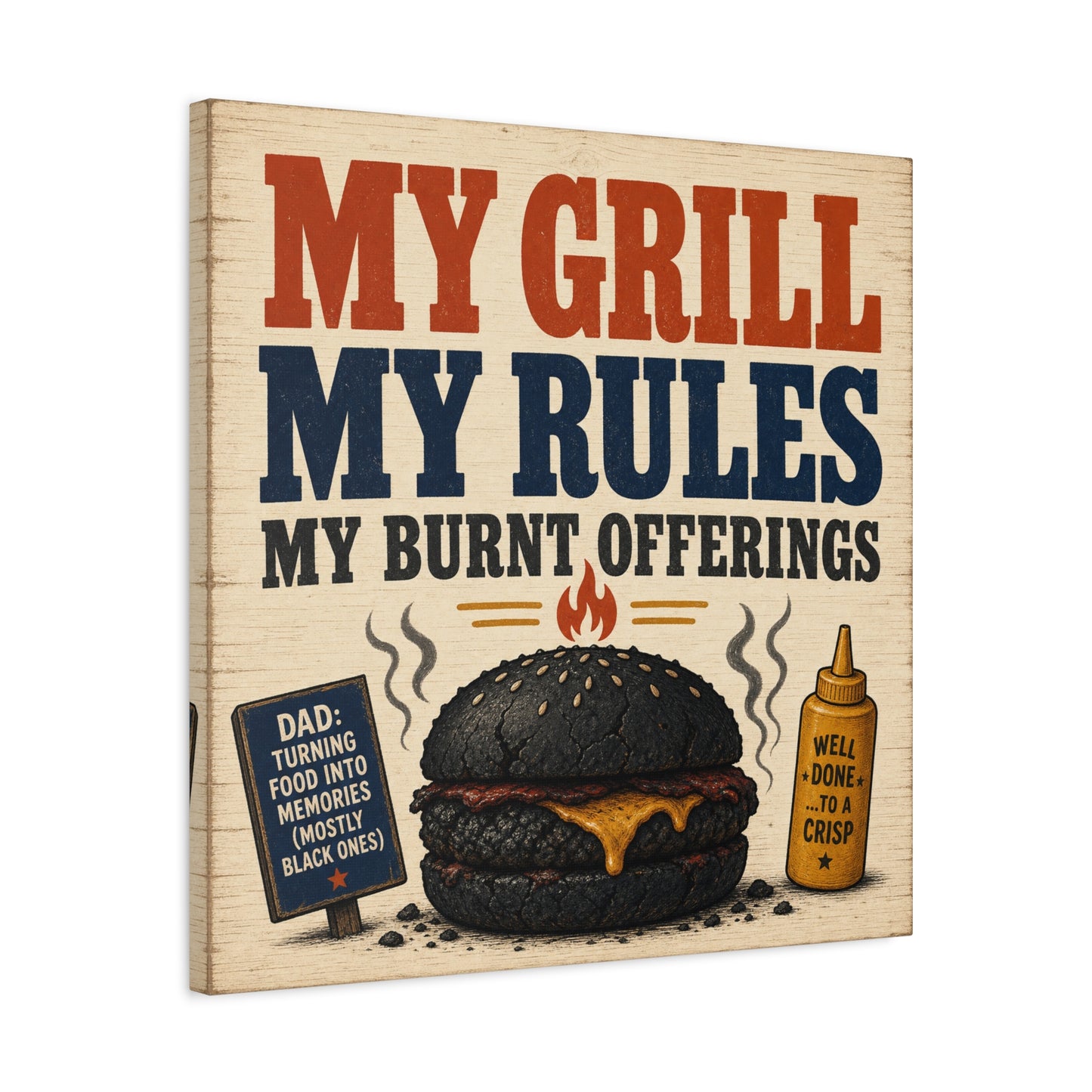 "My Grill My Rules My Burnt Offerings" Funny BBQ Canvas Wall Art - Burnt Burger Grill Sign, Rustic Farmhouse Kitchen Decor, Patriotic Red Blue Typography Print - Man Cave Wall Decor - Ready to Hang