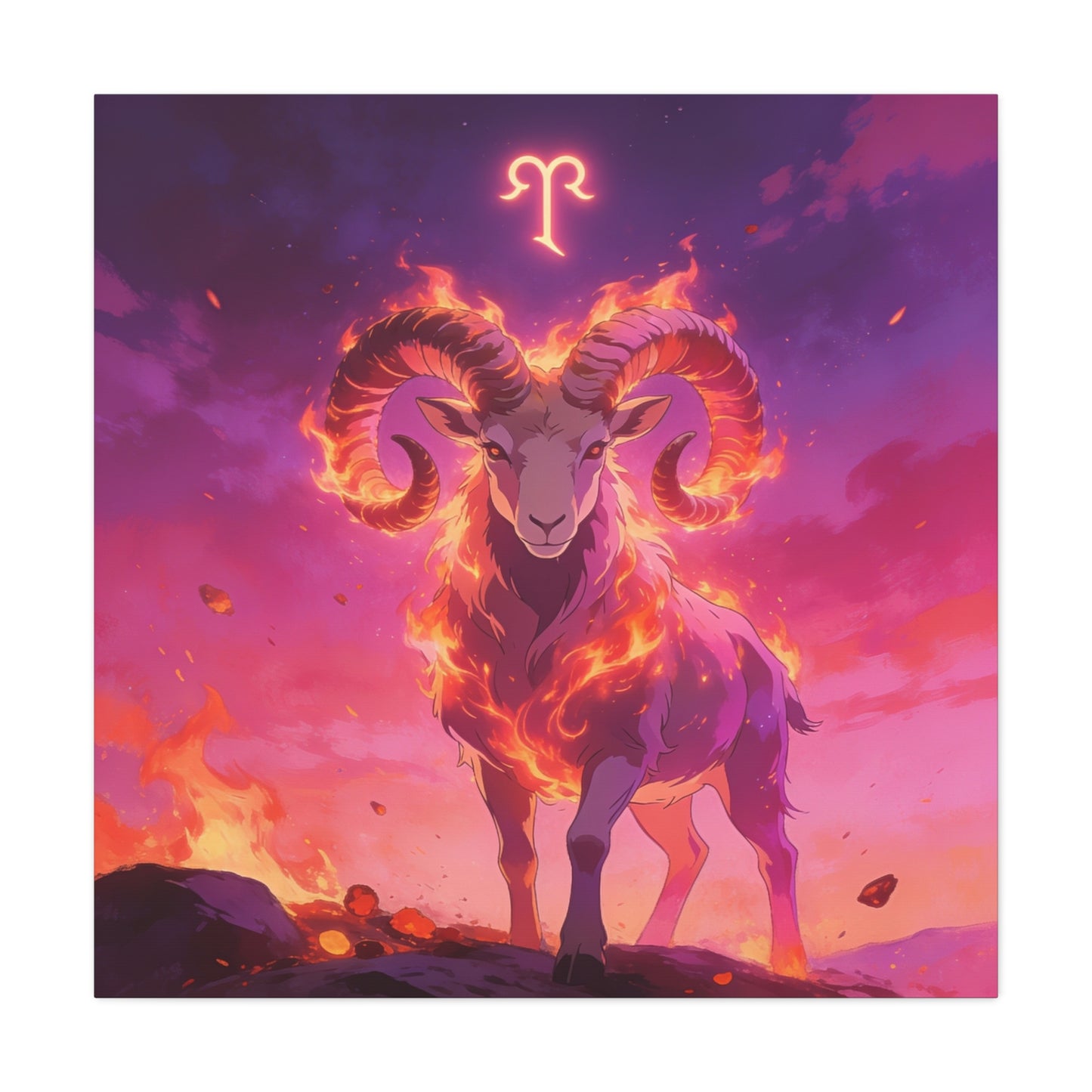 Aries Ram Canvas Wall Art - Fiery Zodiac Illustration, Purple Pink Flame Sky, Matte Canvas Print, Modern Fantasy Style, Bedroom Wall Decor, Home Office Accent, Statement Piece For Astrology Lovers