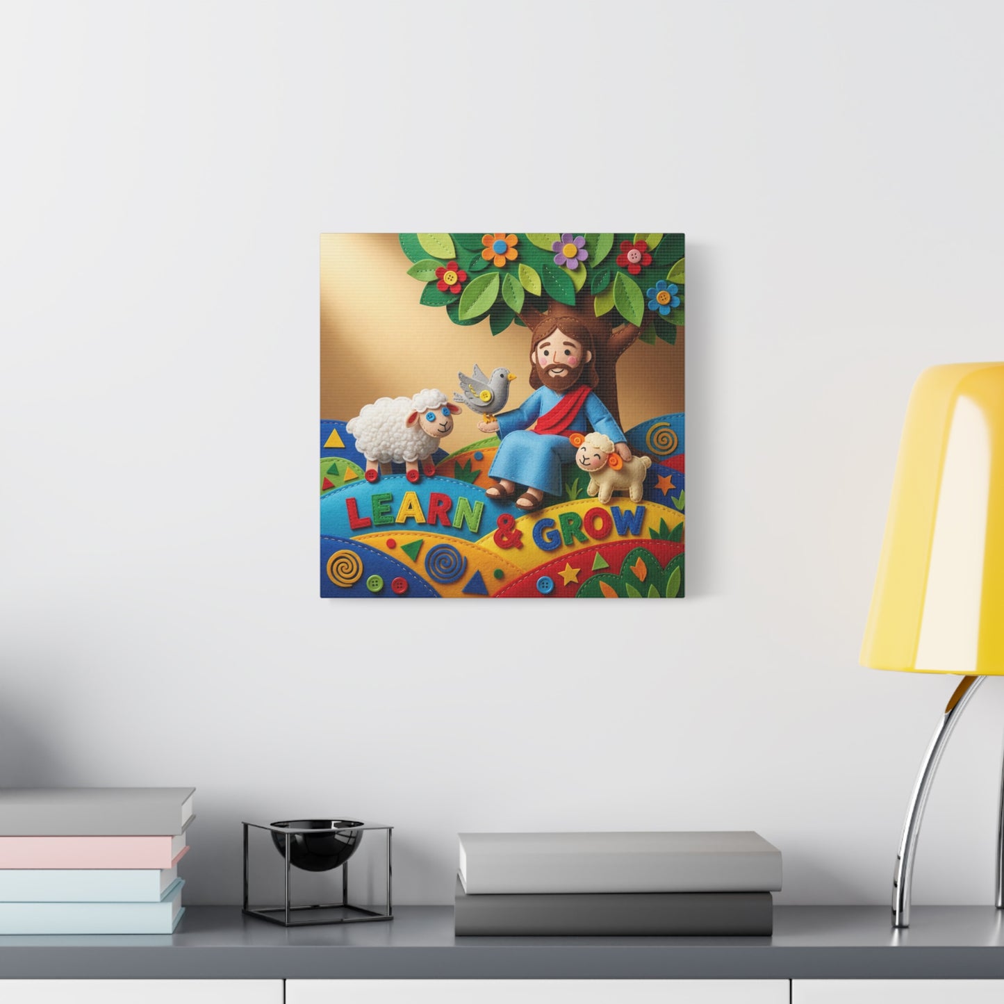 "Learn & Grow" Jesus Canvas Wall Art - Christian Nursery Decor, Lamb And Dove Under Tree - Colorful Felt Style Canvas Print - Kids Room Wall Hanging, Classroom Decoration - Ready to Hang