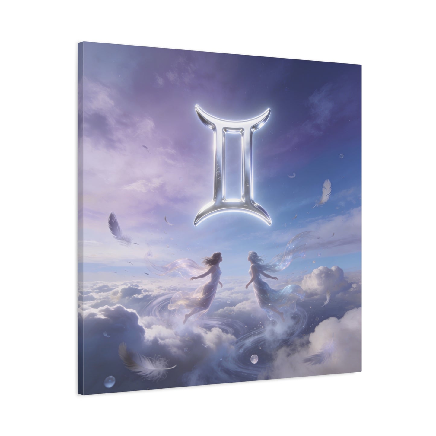 Gemini Zodiac Canvas Art Print - Glowing Twin Symbol, Ethereal Sky Illustration - Dreamy Celestial Typography Style - Cotton Canvas Decor For Bedroom, Living Space, Meditation Room - Office Wall Art