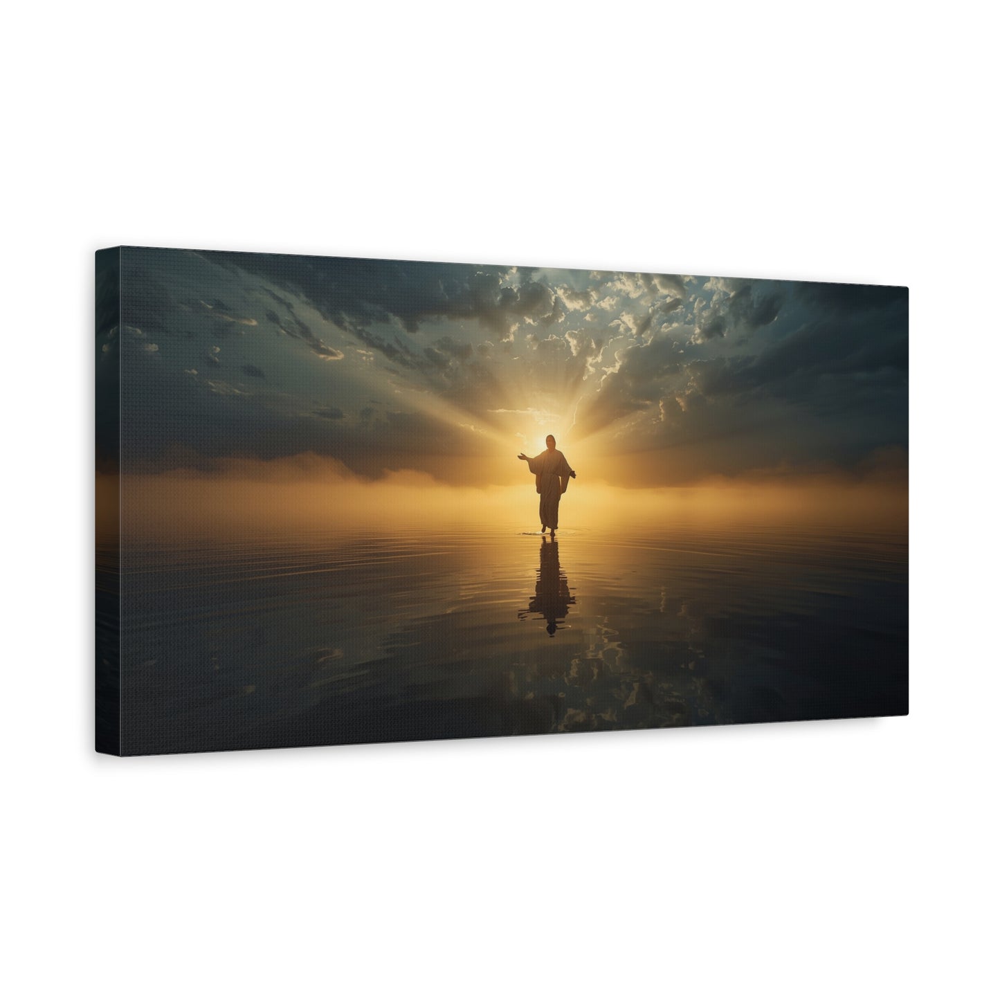 Jesus Christ Canvas Wall Art - Walking On Water At Sunrise, Dramatic Sky Reflection - Matte Cotton Print - Religious Home Decor For Living Room, Bedroom, Office Wall Accent - Bedroom Home Decoration