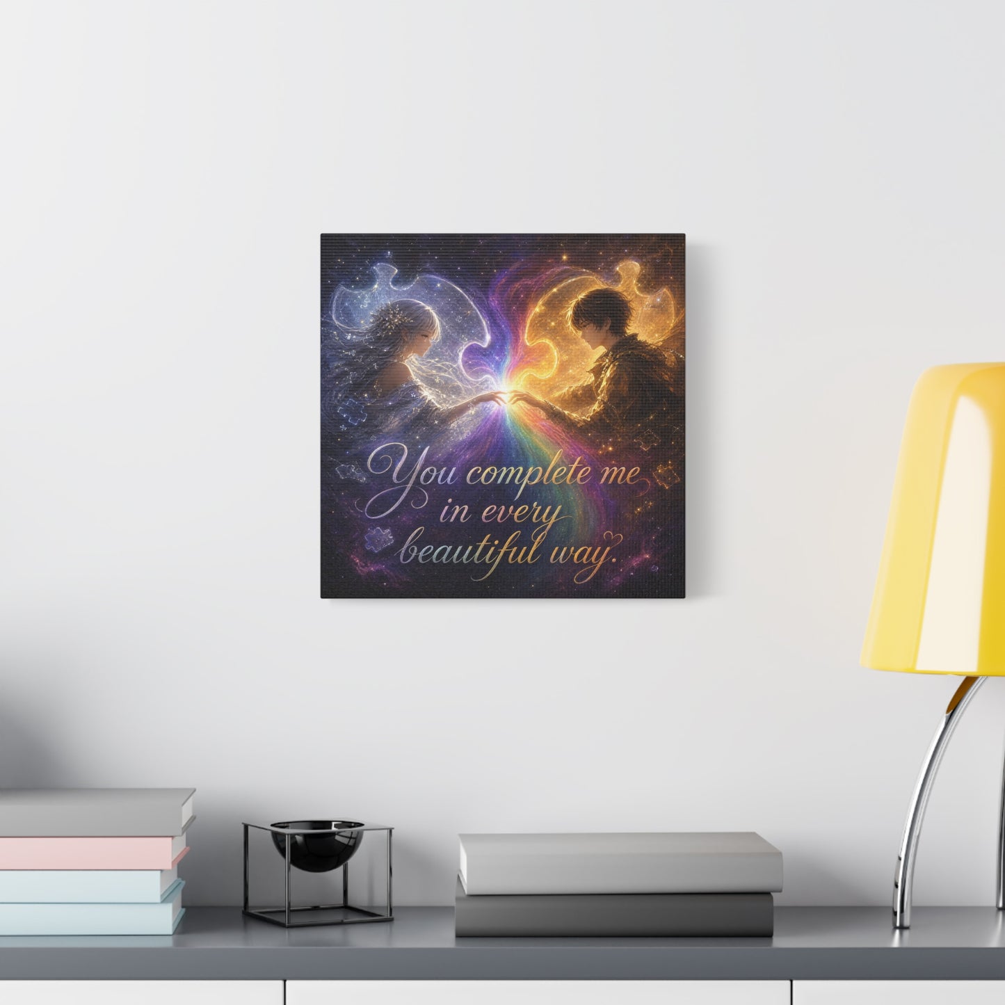 "You Complete Me In Every Beautiful Way" Romantic Couple Canvas Wall Art - Celestial Puzzle Soulmate Quote Print, Fantasy Love Decor - Bedroom Wall Hanging - Ready to Hang - Bedroom Home Decoration