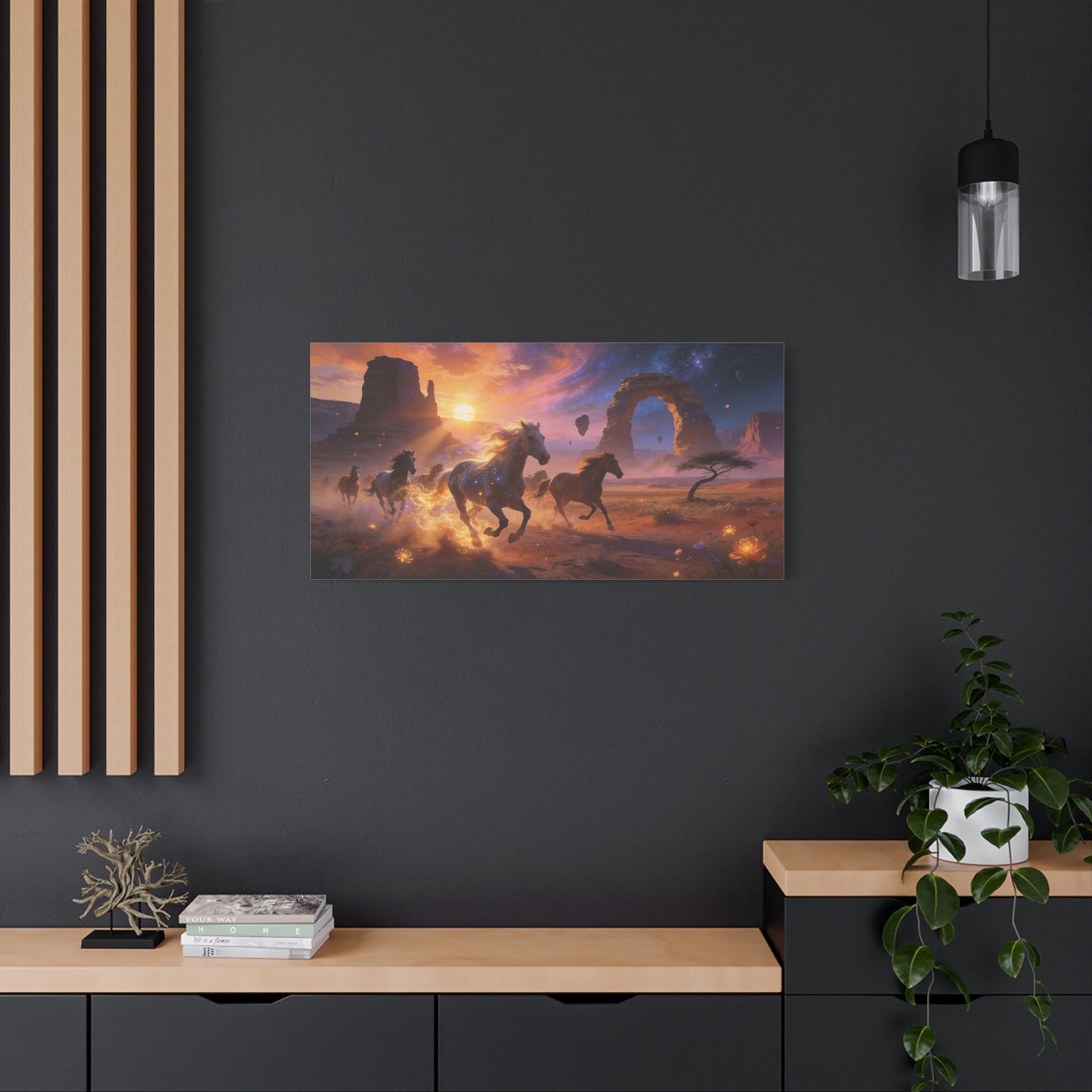 Celestial Wild Horses Canvas Wall Art - Fantasy Desert Arch Sunset, Glowing Galaxy Sky - Matte Cotton Print - Contemporary Landscape Style - Living Room Wall Decor - Bedroom Home Decoration