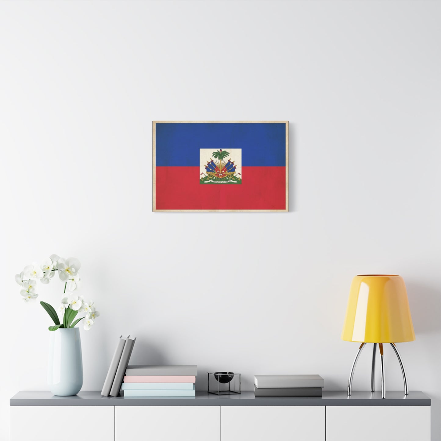 Haiti Flag Canvas Wall Art - Haitian Flag Print With Coat Of Arms, Patriotic Blue Red Banner - Framed Look Matte Canvas - Living Room Wall Decor, Bedroom Home Decoration - Bedroom Home Decoration