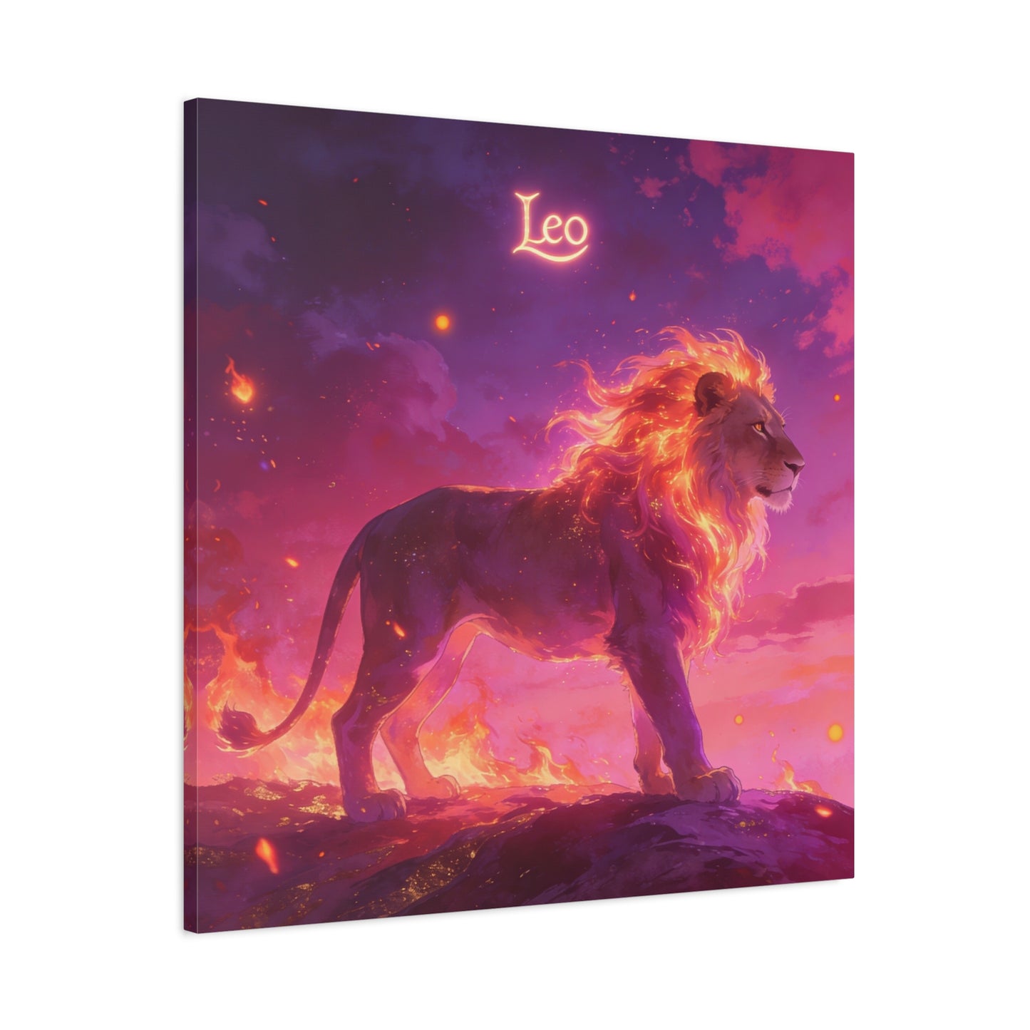 "Leo" Lion Canvas Wall Art - Fiery Zodiac Illustration, Purple Pink Sky, Matte Finish Canvas Print - Modern Astrology Decor, Bedroom Home Decoration, Office Wall Art Accent - Bedroom Home Decoration