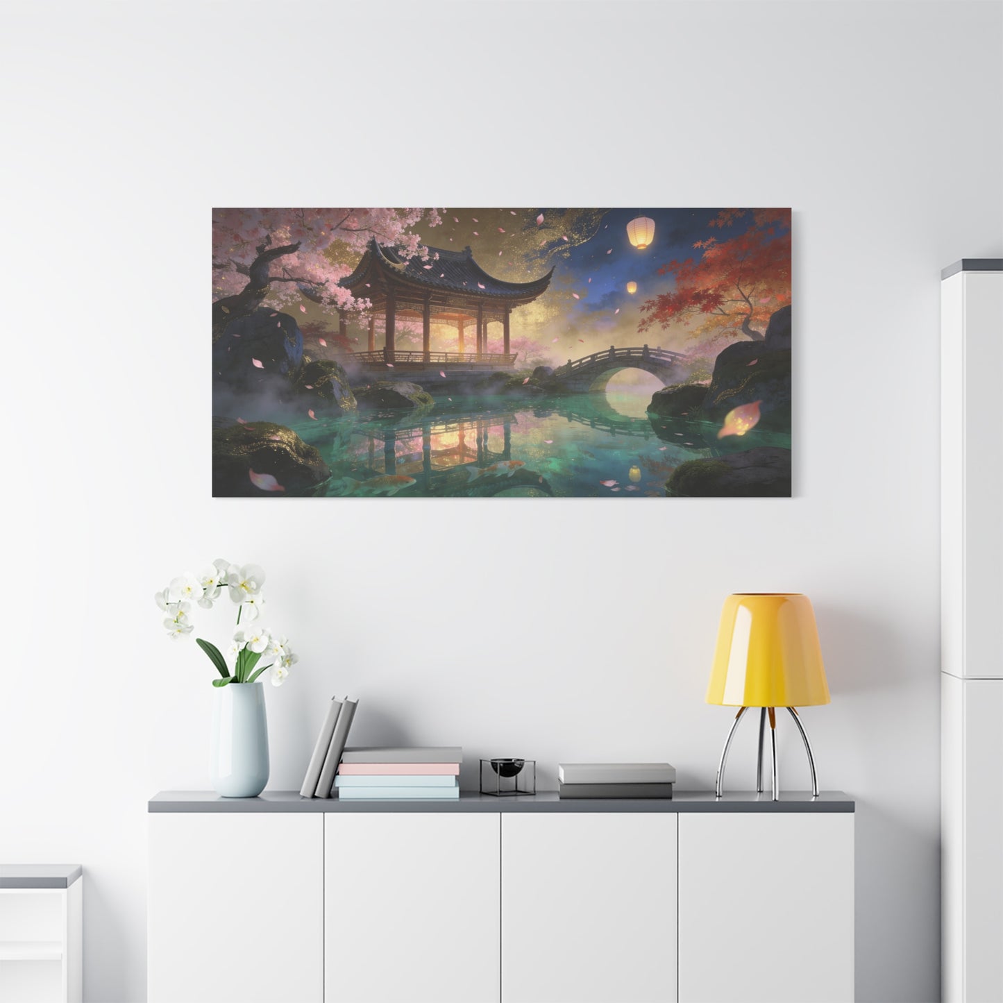 Japanese Garden Pavilion Canvas Wall Art - Cherry Blossom Pond, Lantern Night, Arched Bridge - Serene Traditional Landscape - Living Room Wall Decor, Bedroom Home Decoration - Bedroom Home Decoration