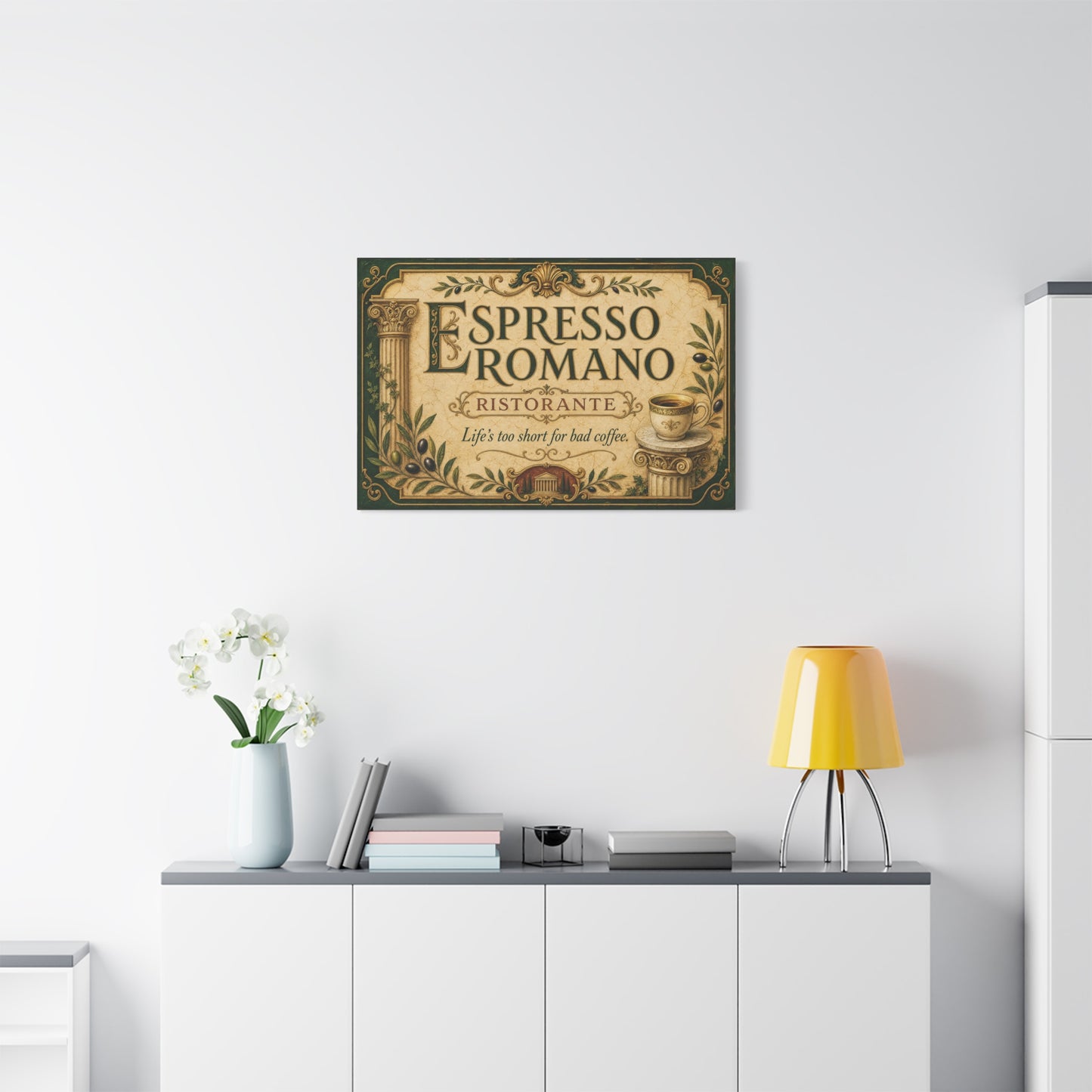 "Espresso Romano" Canvas Wall Art - "Life's Too Short For Bad Coffee." Vintage Italian Cafe Decor, Olive Branches, Roman Columns, Espresso Cup - Coffee Shop Decor - Cafe Wall Art - Ready to Hang