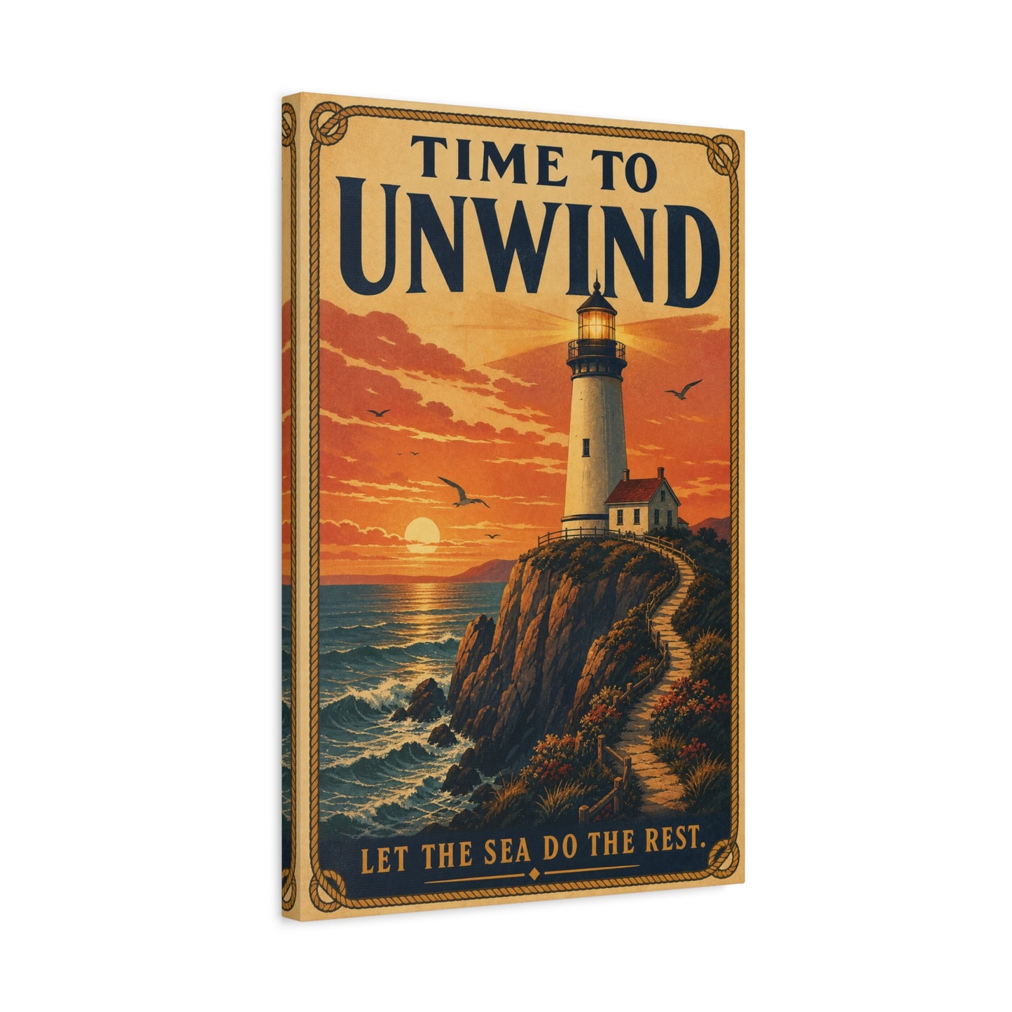 "Time To Unwind Let The Sea Do The Rest" Lighthouse Canvas Wall Art - Vintage Coastal Sunset Seascape Print, Nautical Home Decor, Bedroom Living Room Decoration, Beach House Style - Office Wall Art