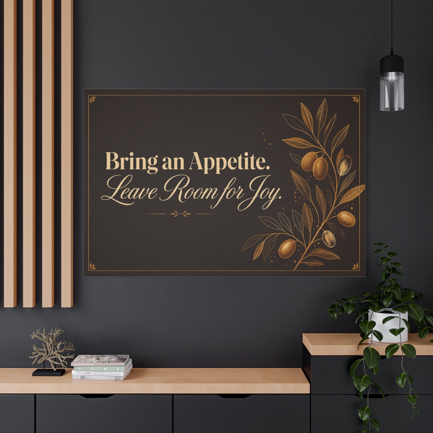 "Bring An Appetite. Leave Room For Joy." Typography Canvas Wall Art - Olive Branch Kitchen Decor - Vintage Dark Brown And Gold Quote Print - Dining Room Home Decoration - Bedroom Home Decoration
