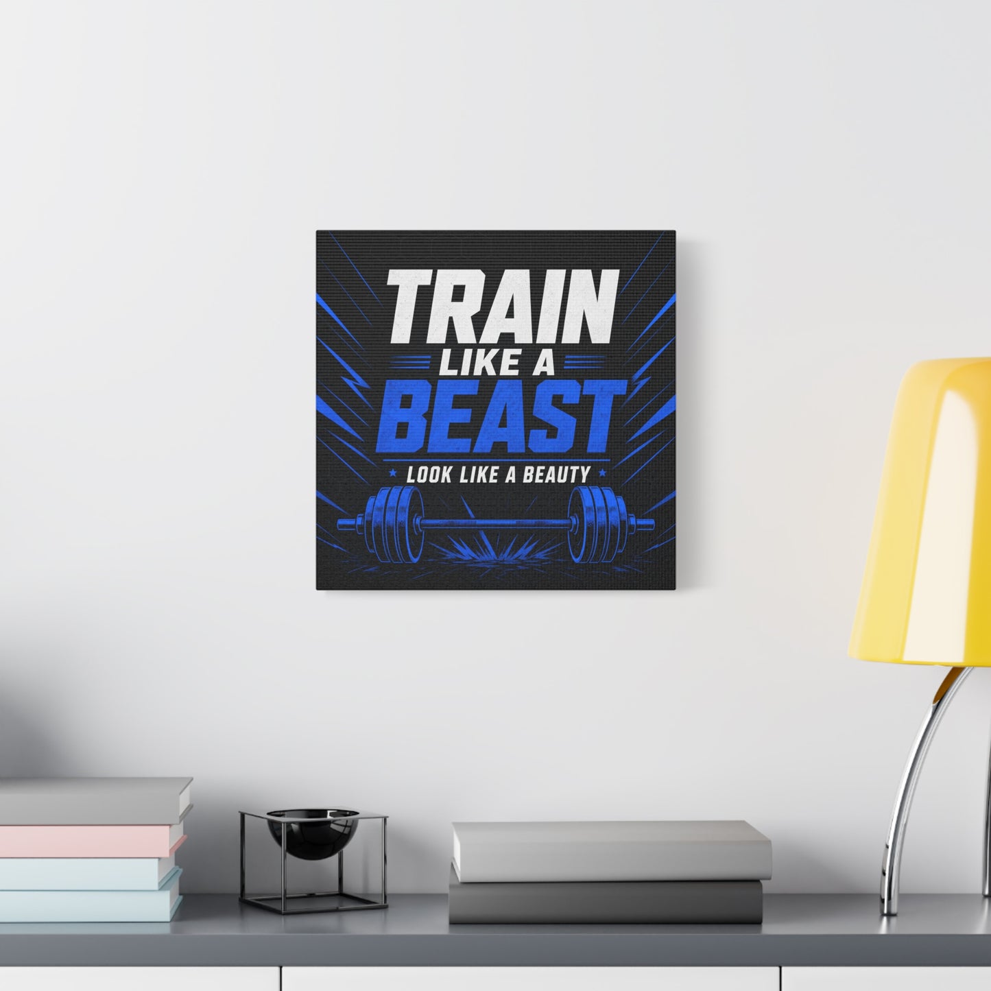 "Train Like A Beast Look Like A Beauty" Gym Canvas Wall Art - Blue Black Barbell Typography Motivational Fitness Decor - Modern Sports Quote Print - Ready to Hang - Living Room Wall Decor