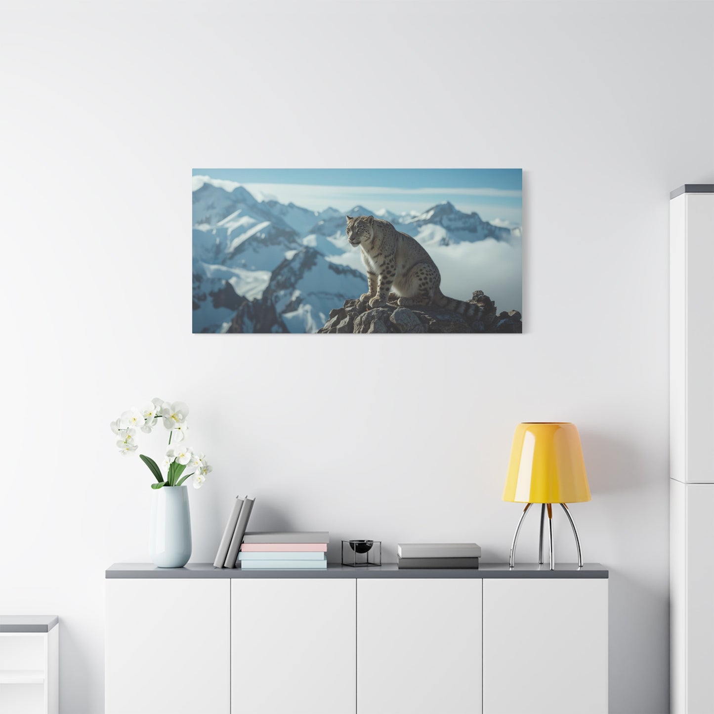 Snow Leopard Canvas Wall Art - Alpine Mountain Wildlife Print, Blue Snowy Peaks, Matte Cotton Canvas, Contemporary Nature Style - Living Room Wall Decor, Office Art Accent - Bedroom Home Decoration
