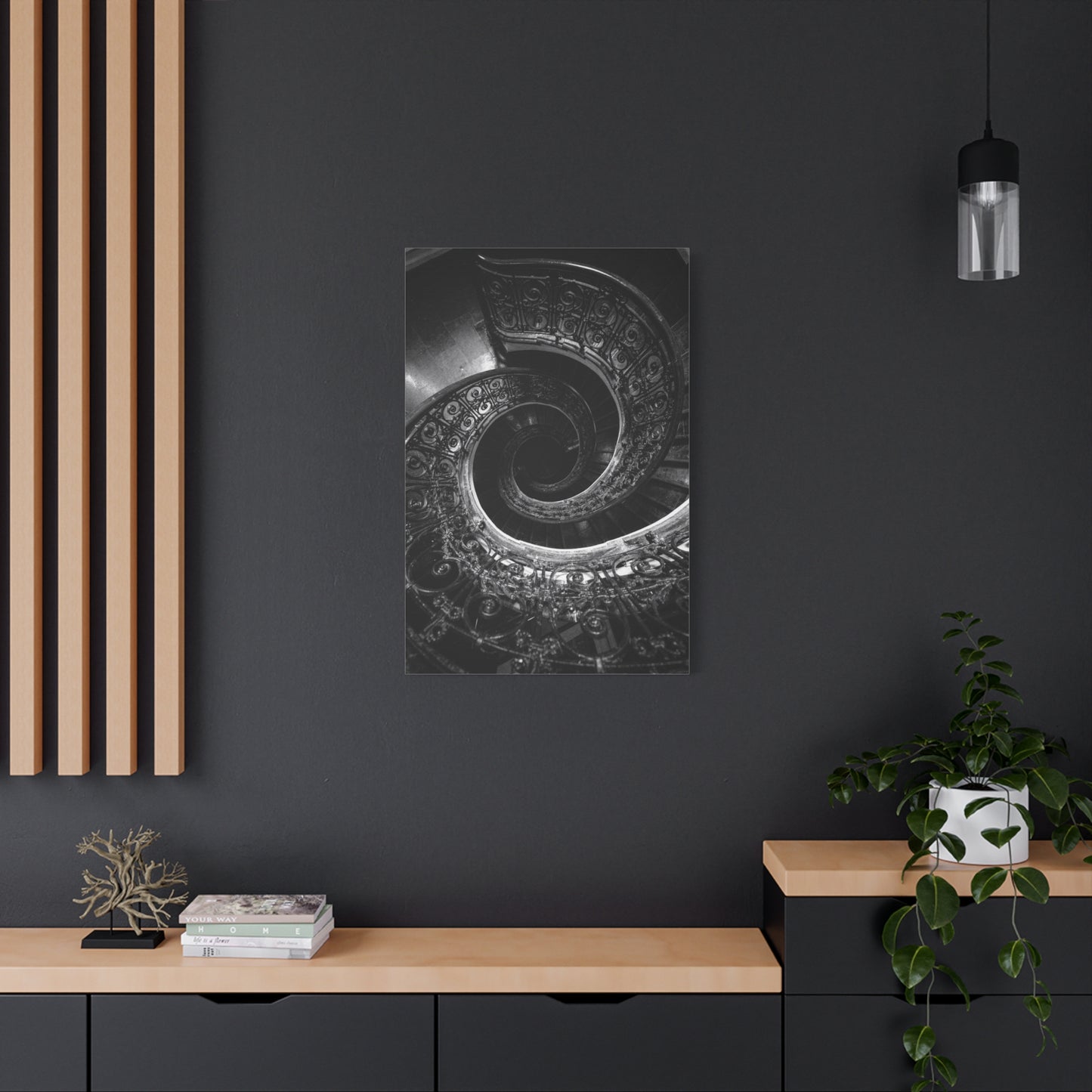 Black And White Spiral Staircase Canvas Wall Art - Architectural Art Print, Moody Monochrome Interior, Modern Minimalist Style - Office Wall Decor, Living Room Accent - Bedroom Home Decoration
