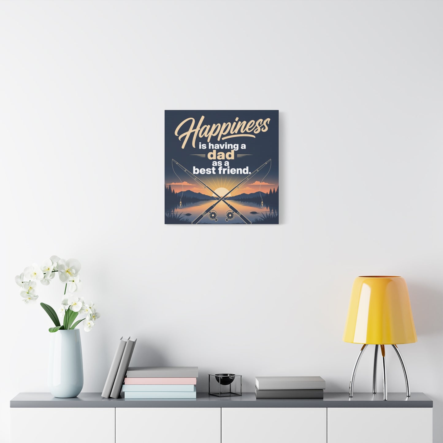 "Happiness Is Having A Dad As A Friend" Fishing Canvas Wall Art - Sunset Lake Quote Print - Rustic Typography Decor - Bedroom Home Decoration - Bedroom Home Decoration - Living Room Wall Decor