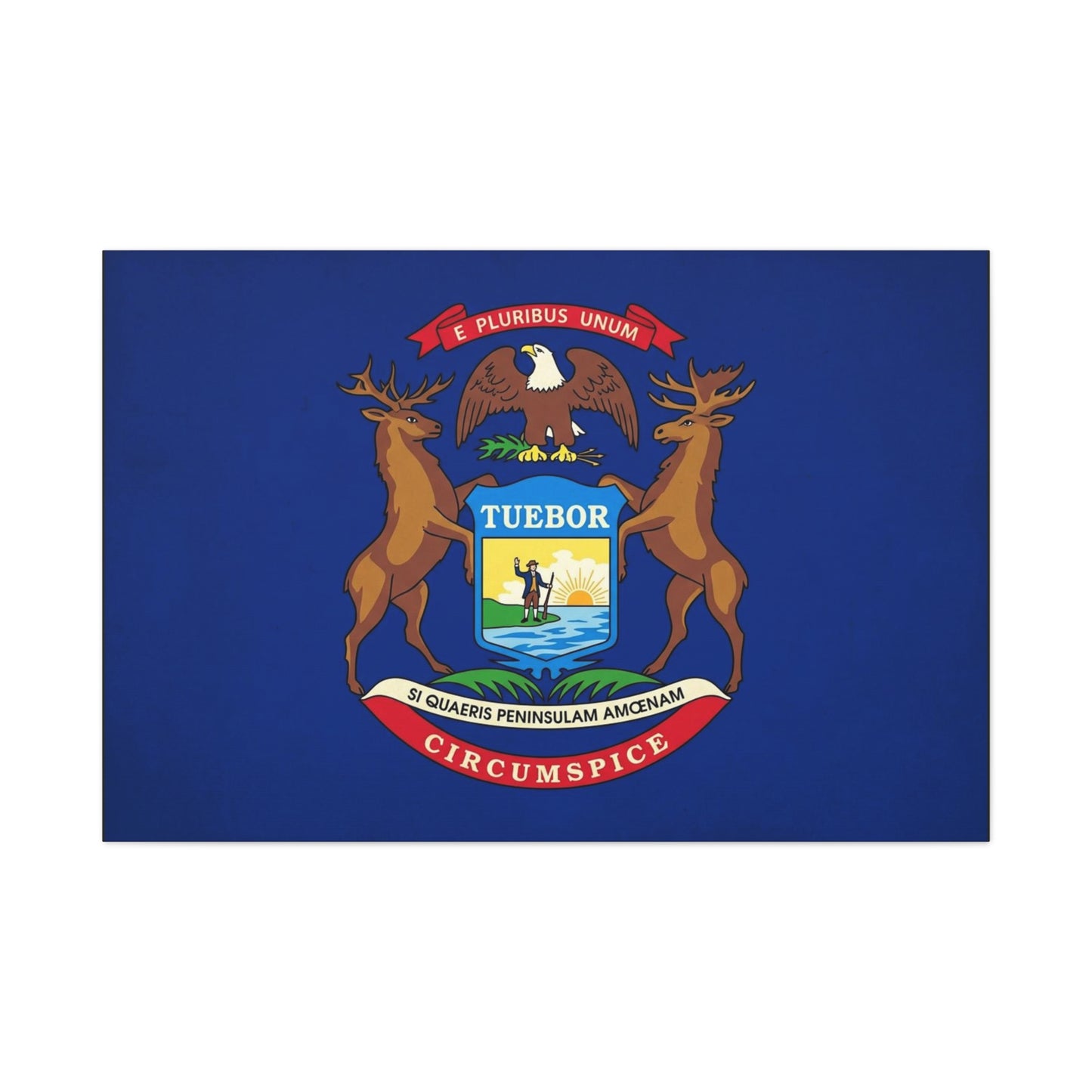 "E Pluribus Unum" Michigan State Flag Canvas Wall Art - Blue Crest With Elk Eagle And "Tuebor" - Vintage Heraldic Decor, Living Room Wall Decor, Office Art - Bedroom Home Decoration - Ready to Hang