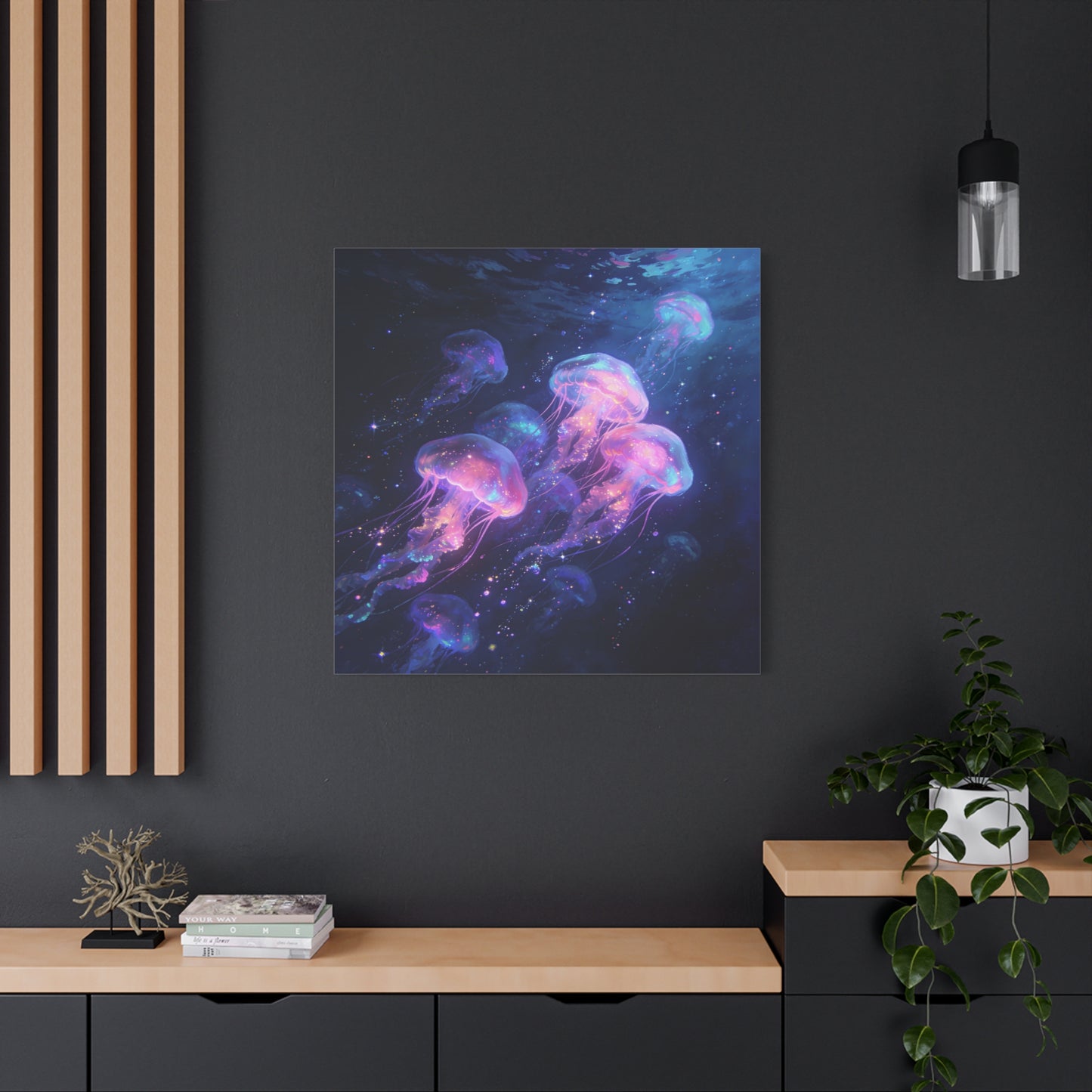 Glowing Jellyfish Canvas Wall Art - Ocean Fantasy Sea Life Decor, Luminous Pink Blue Artwork - Matte Canvas Print, Contemporary Style - Bedroom Wall Decor, Meditation Space Accent - Ready to Hang