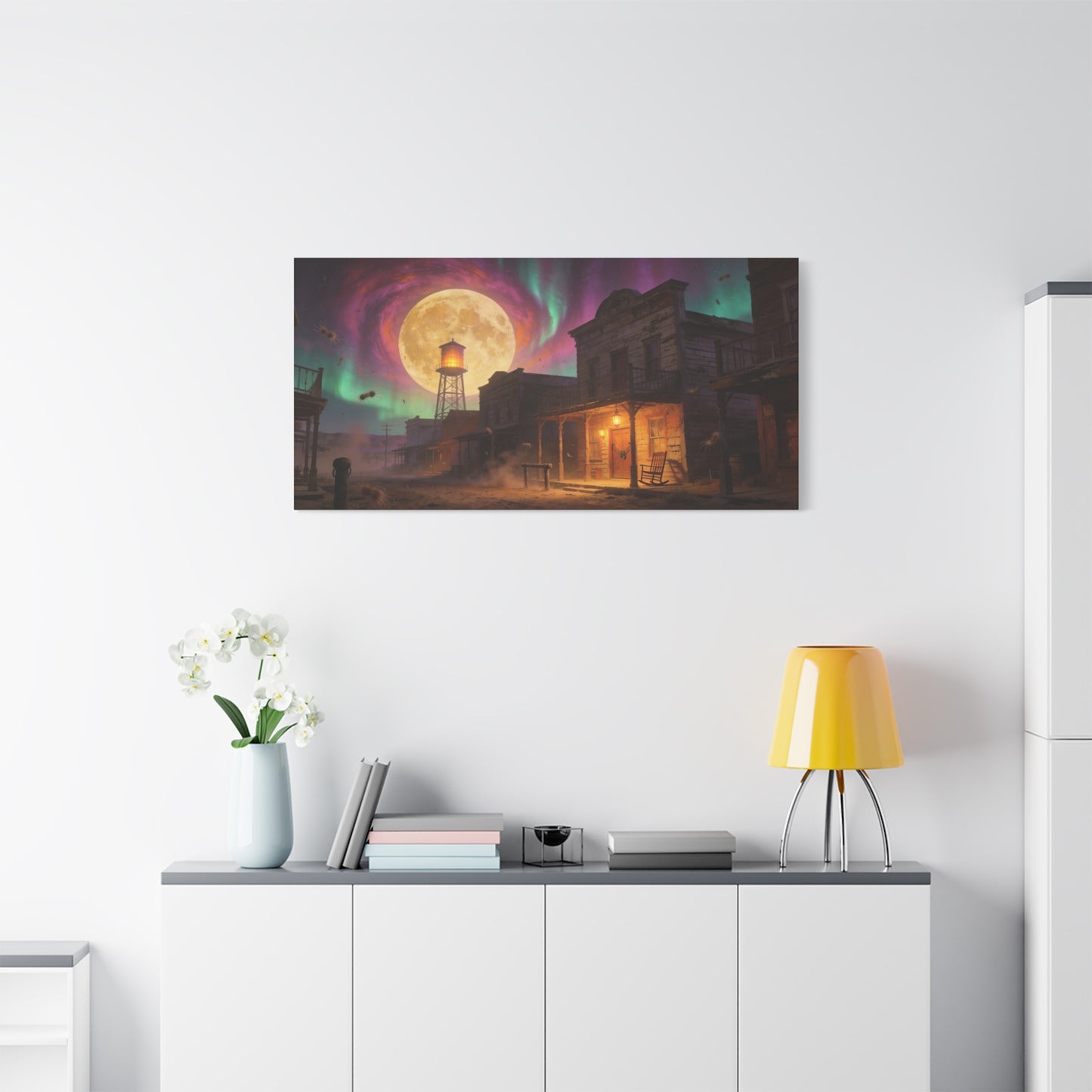 Moonlit Western Town Canvas Wall Art - Surreal Desert Street, Water Tower, Aurora Sky - Matte Cotton Art Print - Vintage Frontier Style, Living Room Wall Decor Office Accent - Bedroom Home Decoration