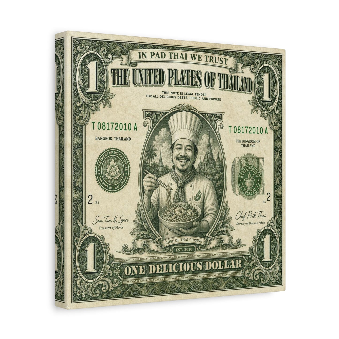 "In Pad Thai We Trust" Typography Canvas Wall Art - Vintage Thai Currency Illustration, Chef Portrait, Bangkok Thailand Food Poster Style - Kitchen Wall Decor, Dining Room Accent - Ready to Hang