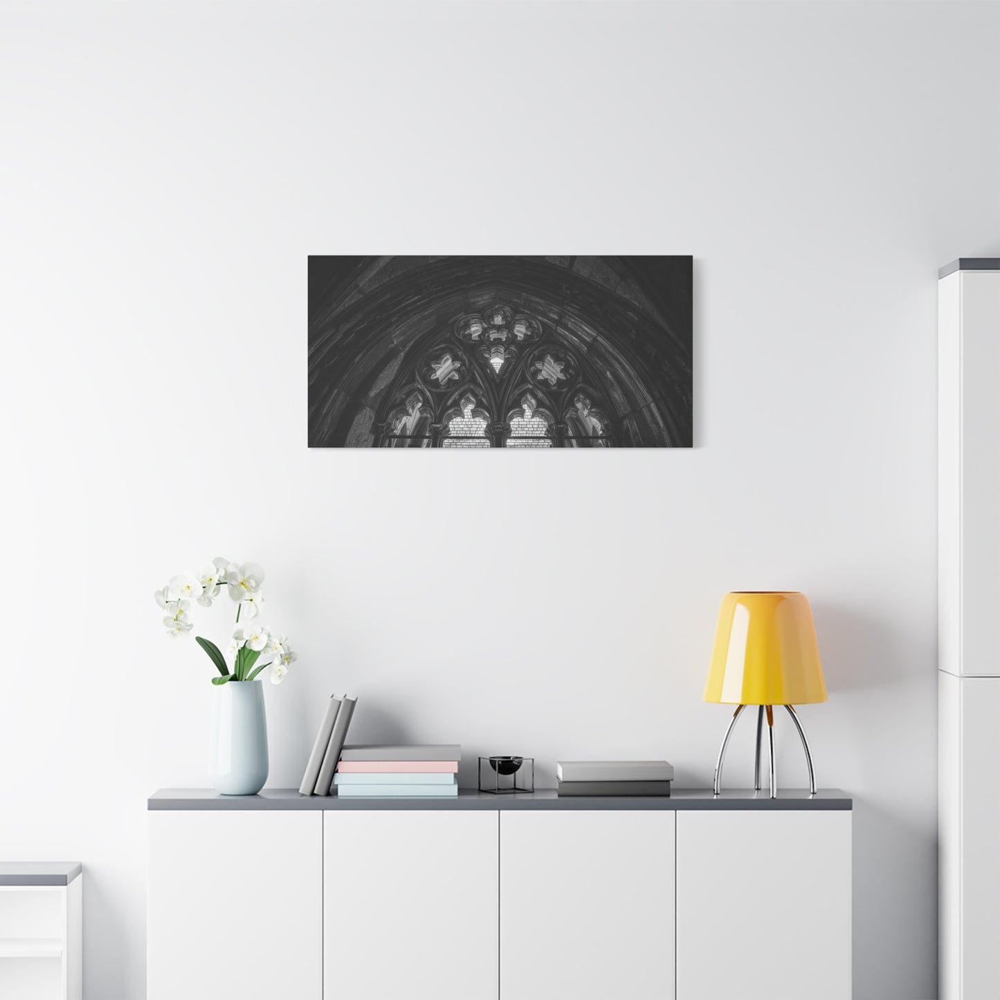 Gothic Cathedral Arch Canvas Wall Art - Black And White Architectural Art Print - Moody Stone Tracery, Matte Finish - Living Room Wall Decor, Office Art Accent - Bedroom Home Decoration