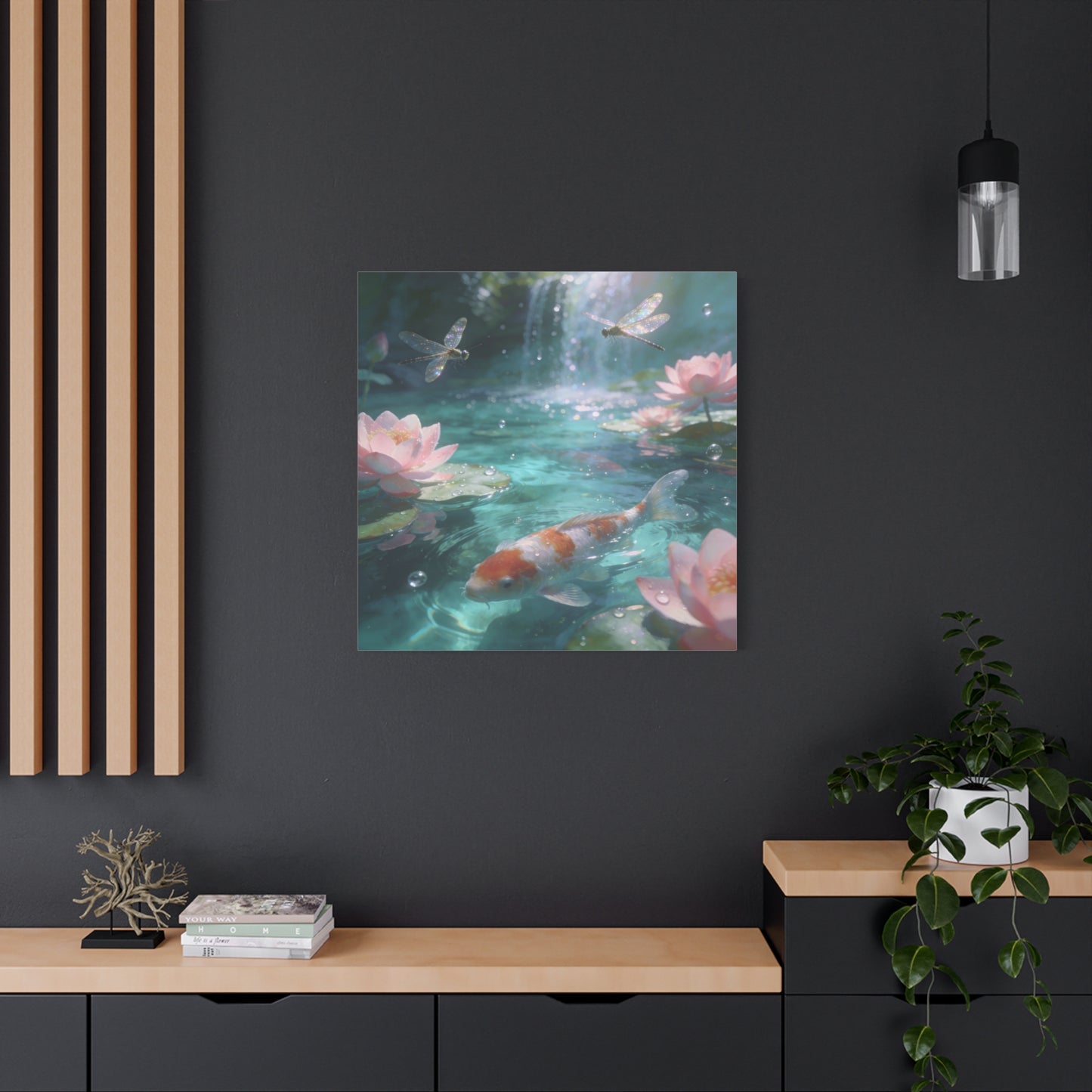 Koi Fish Lotus Canvas Wall Art - Dragonflies Over Teal Pond Water, Pink Water Lily Floral Scene - Dreamy Matte Canvas Print - Bedroom Wall Decor, Living Room Home Accent - Bedroom Home Decoration