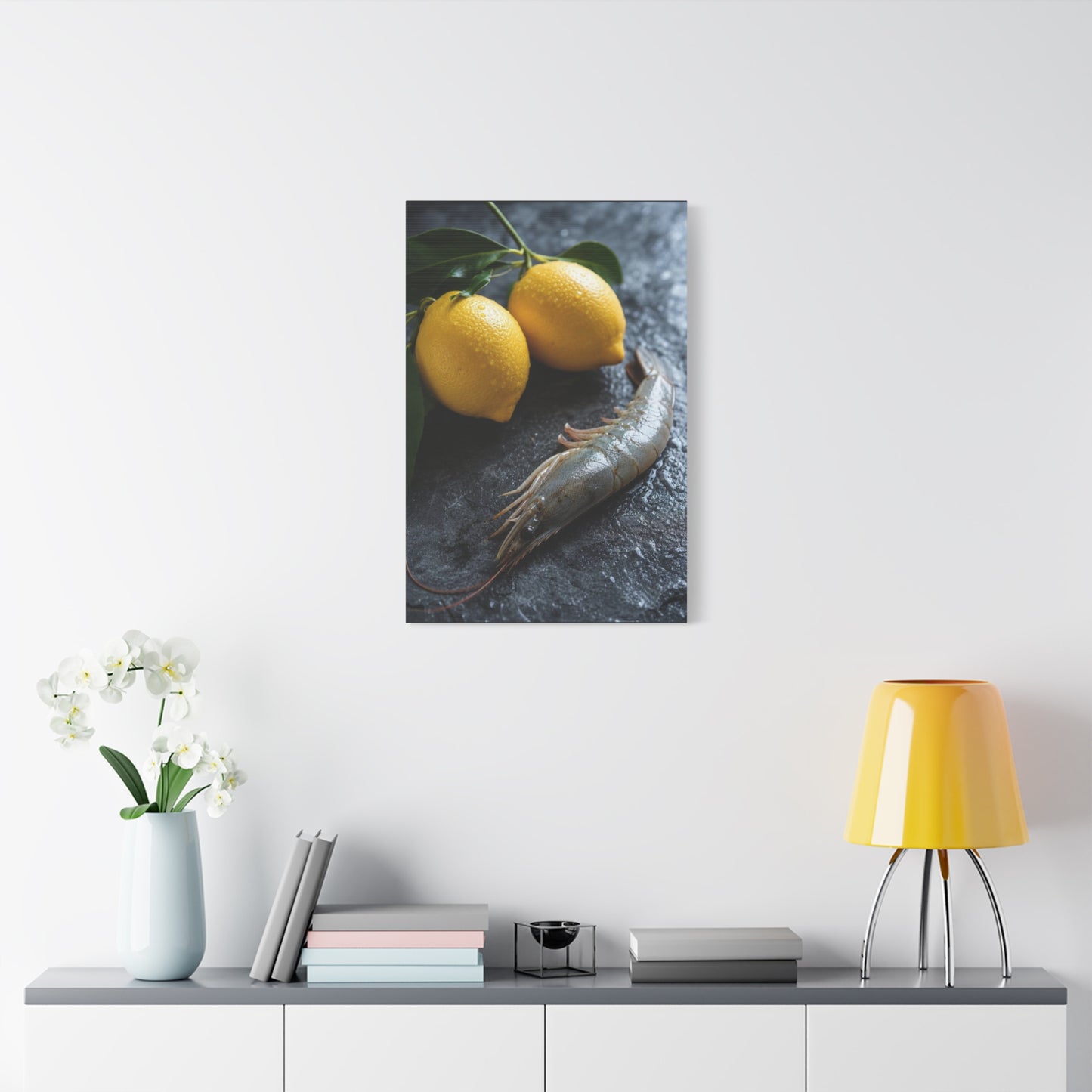 Lemon And Shrimp Canvas Wall Art - Still Life Food Art Print, Moody Kitchen Decor - Matte Cotton Art Print - Contemporary Dining Room Accent, Coastal Restaurant Wall Decor - Bedroom Home Decoration