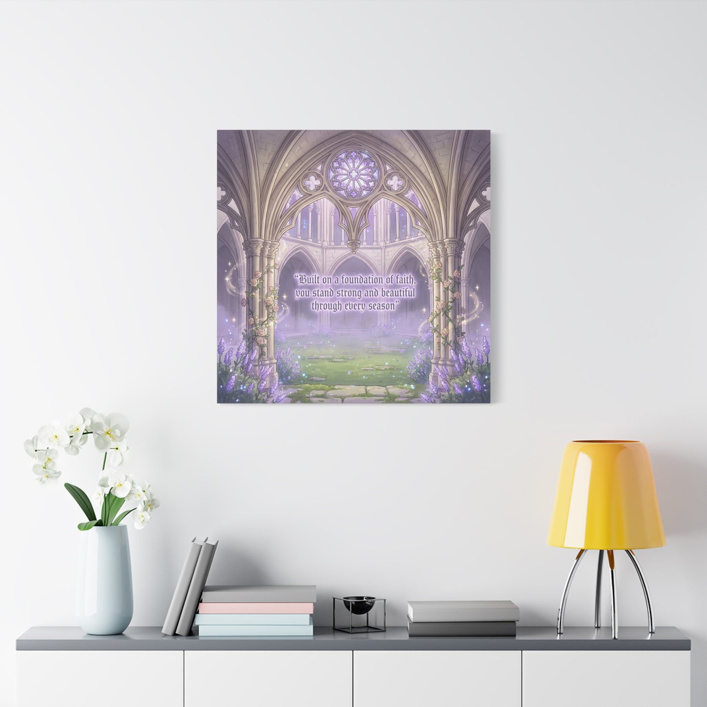 "Built On A Foundation Of Faith, You Stand Strong And Beautiful Through Every Season" Canvas Wall Art - Gothic Cathedral Arch Quote Print - Lavender Floral Decor For Bedroom Living Room