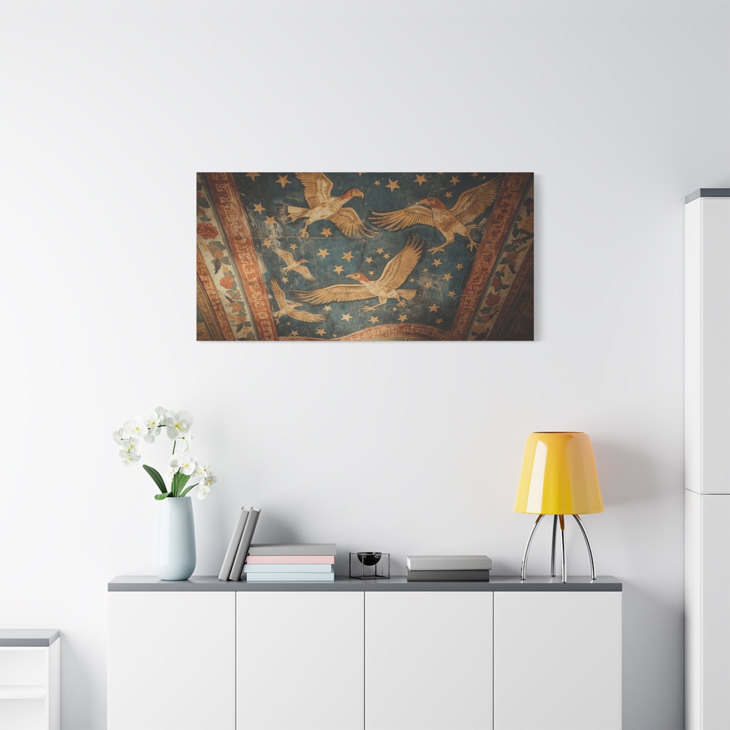 Ancient Eagle Ceiling Fresco Canvas Wall Art - Starry Bird Mural Print, Classical Blue And Gold Illustration - Vintage Traditional Style - Living Room Wall Decor Office Art - Bedroom Home Decoration