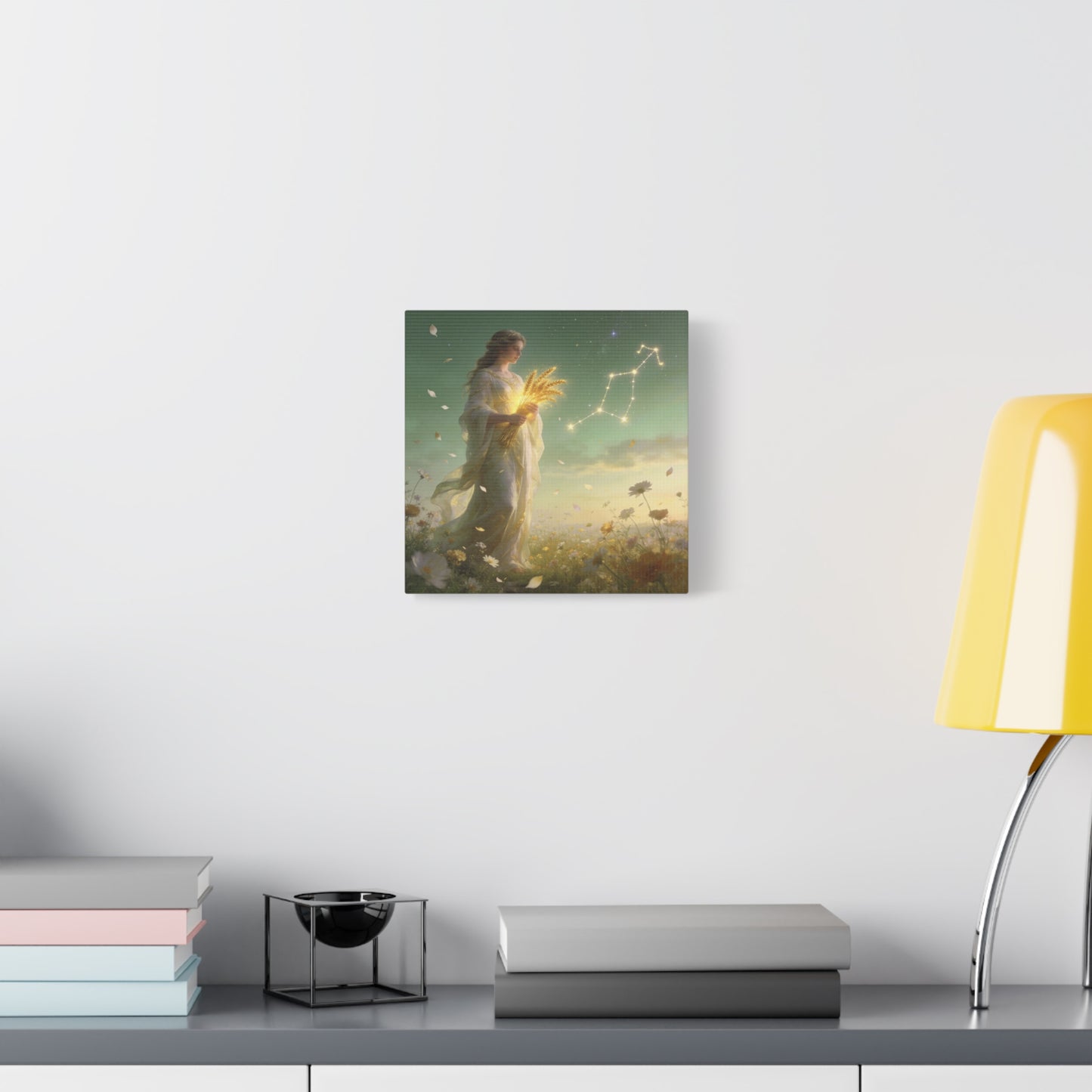 Virgo Maiden Canvas Wall Art - Celestial Wheat Goddess Illustration, Luminous Zodiac Sky, Matte Cotton Print, Bohemian Bedroom Decor, Meditation Space Accent, Ready To Hang - Living Room Wall Decor