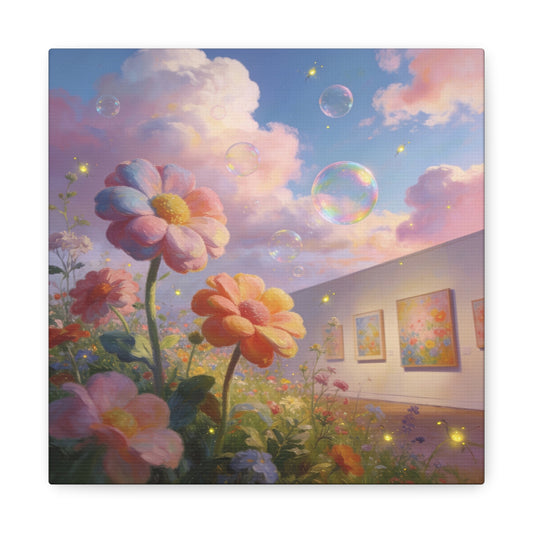 Dreamy Floral Canvas Wall Art - Pastel Wildflower Sky With Iridescent Bubbles, Firefly Glow - Whimsical Matte Canvas Print - Contemporary Bedroom Wall Decor, Living Room Accent - Cozy Reading Nook Art