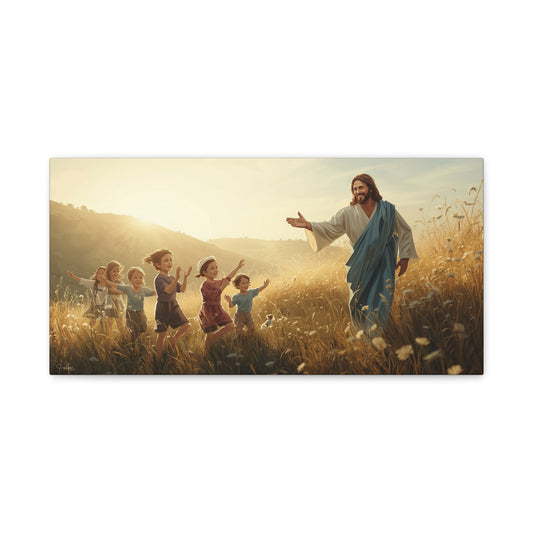 Jesus Christ With Children Canvas Wall Art - Golden Meadow Christian Print - Matte Cotton Ready to Hang - Traditional Religious Decor for Living Room, Bedroom, Nursery, Office - Living Room Wall Decor