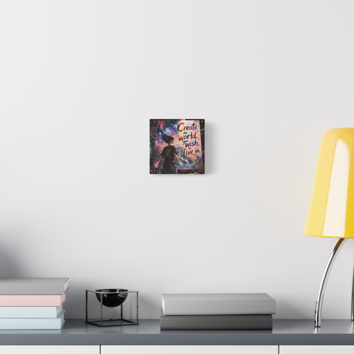 "Create The World You Wish To Live In" Inspirational Canvas Wall Art - Colorful Cosmic Artist Girl Quote Print - Modern Typography Decor - Bedroom Home Decoration, Creative Office Accent