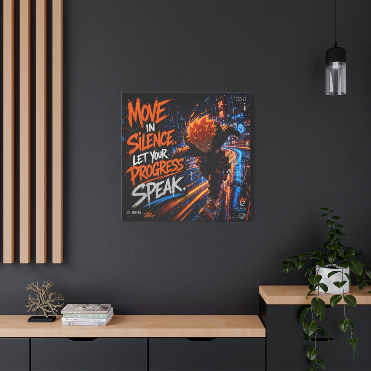 "Move In Silence Let Your Progress Speak" Anime Canvas Wall Art - Cyberpunk Runner Motivational Quote Print, Neon City Street Illustration - Teen Bedroom Decor, Home Office Accent - Office Wall Art