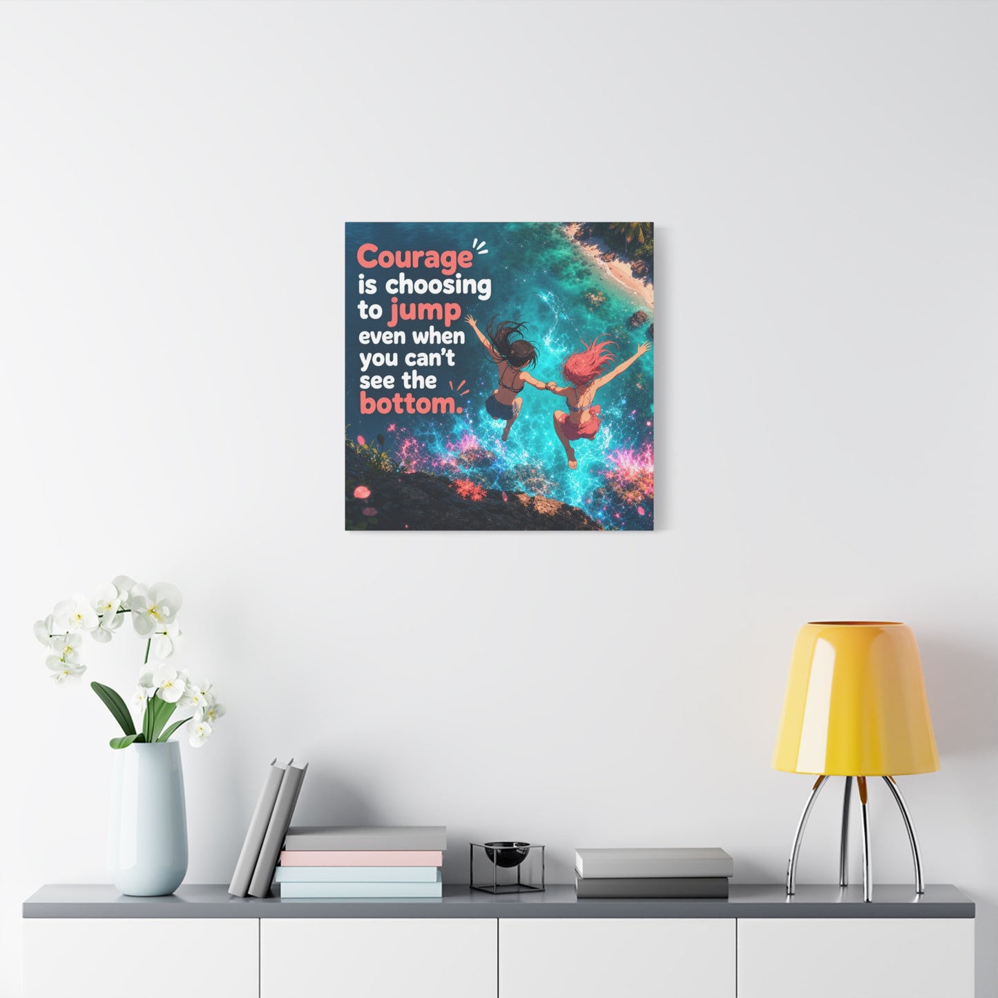 "Courage Is Choosing To Jump Even When You Can't See The Bottom" Canvas Wall Art - Coastal Quote Illustration, Inspirational Ocean Cliff Scene, Bedroom Wall Decor, Teen Space Accent - Ready to Hang