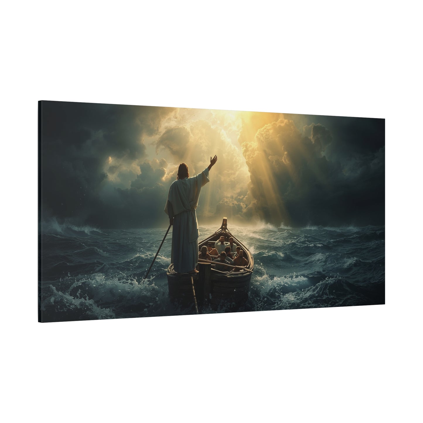 Jesus Calming The Storm Canvas Wall Art - Christian Ocean Boat Scene, Cotton Print - Dramatic Religious Seascape - Living Room Decor, Bedroom Home Decoration, Meditation Space - Living Room Wall Decor