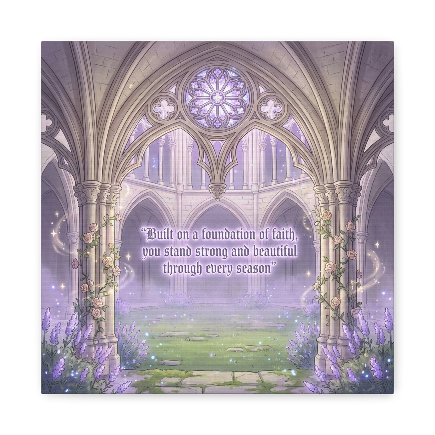 "Built On A Foundation Of Faith, You Stand Strong And Beautiful Through Every Season" Canvas Wall Art - Gothic Cathedral Arch Quote Print - Lavender Floral Decor For Bedroom Living Room
