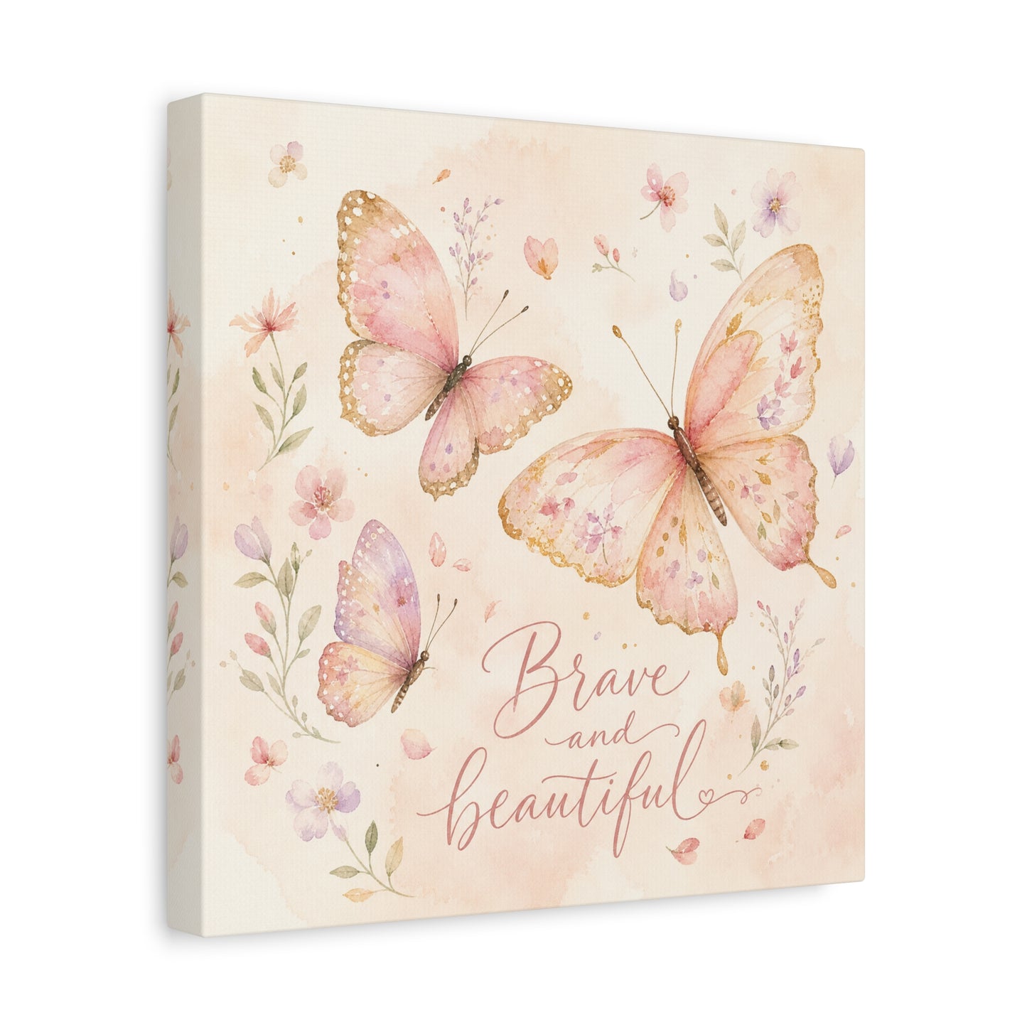 "Brave And Beautiful" Butterfly Canvas Wall Art - Pink Floral Watercolor Quote Print - Inspirational Girls Bedroom Decor - Nursery Wall Hanging - Bedroom Home Decoration - Modern Farmhouse Style