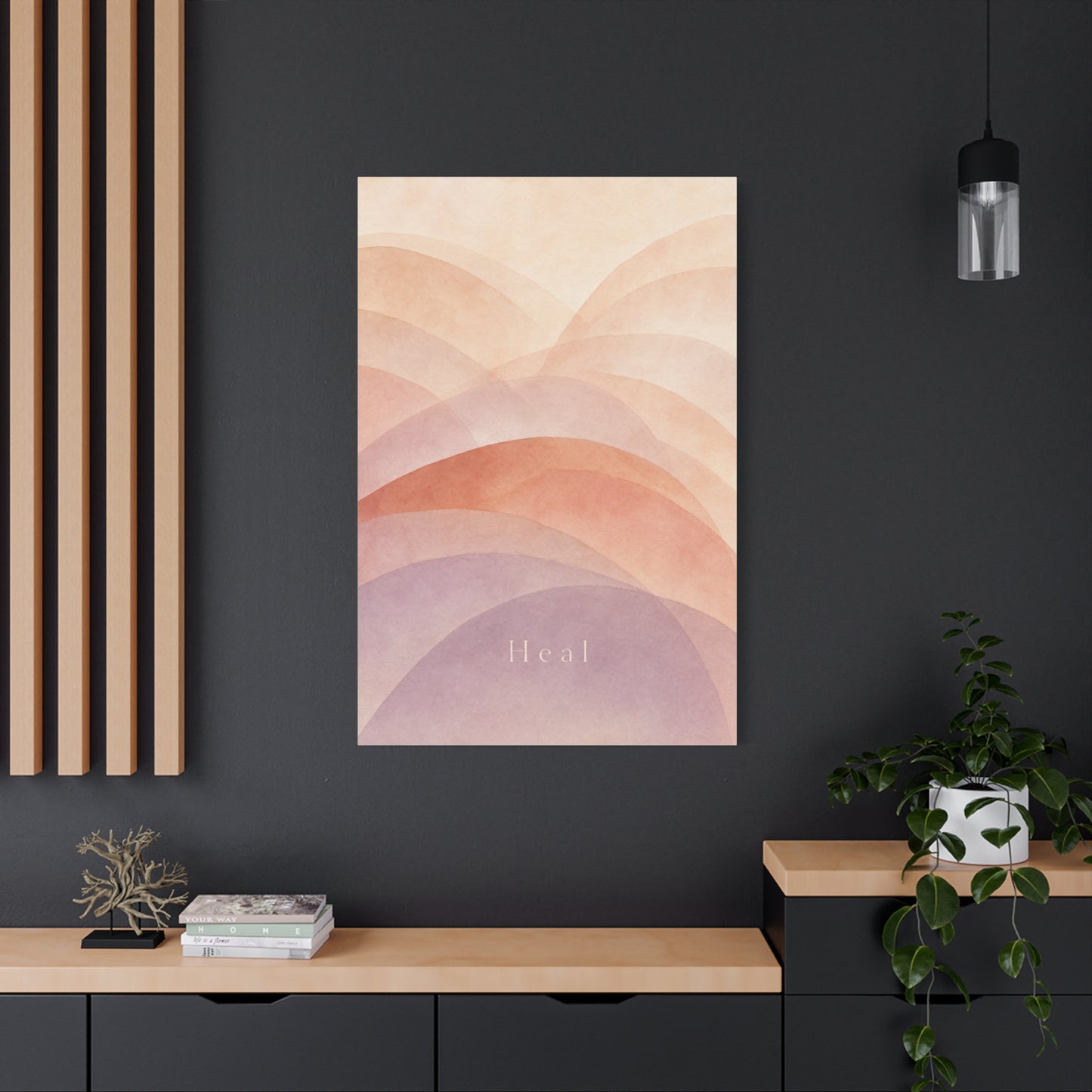 "Heal" Abstract Canvas Wall Art - Blush Peach Lavender Arches, Minimalist Typography Print - Contemporary Boho Decor, Bedroom Wall Hanging, Living Room Decoration, Meditation Space Accent