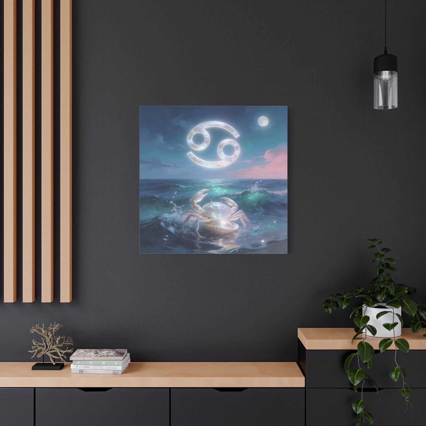 Cancer Zodiac Canvas Wall Art - Moonlit Ocean Crab, Iridescent Shell Symbol - Coastal Celestial Print, Dreamy Blue Seascape - Bedroom Home Decoration, Living Room Wall Decor - Bedroom Home Decoration